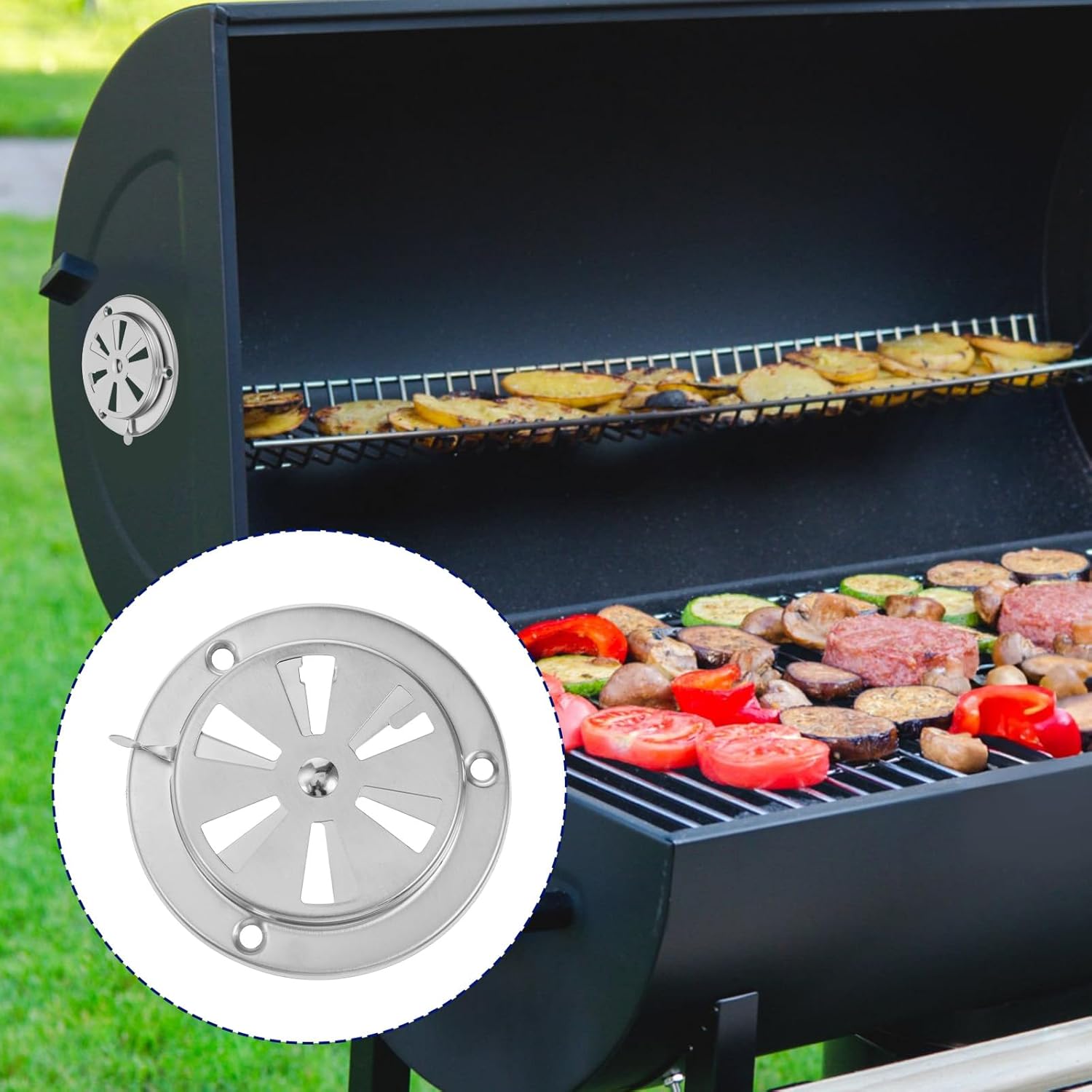 2 PCS BBQ Grill Smoker Air Vent Set, Adjustable Stainless Steel Grill Vent Damper for Controlling Airflow, BBQ Smoker Grilling Exhaust Smokers Replacement Parts for Grills, Stove and Smokers 95mm