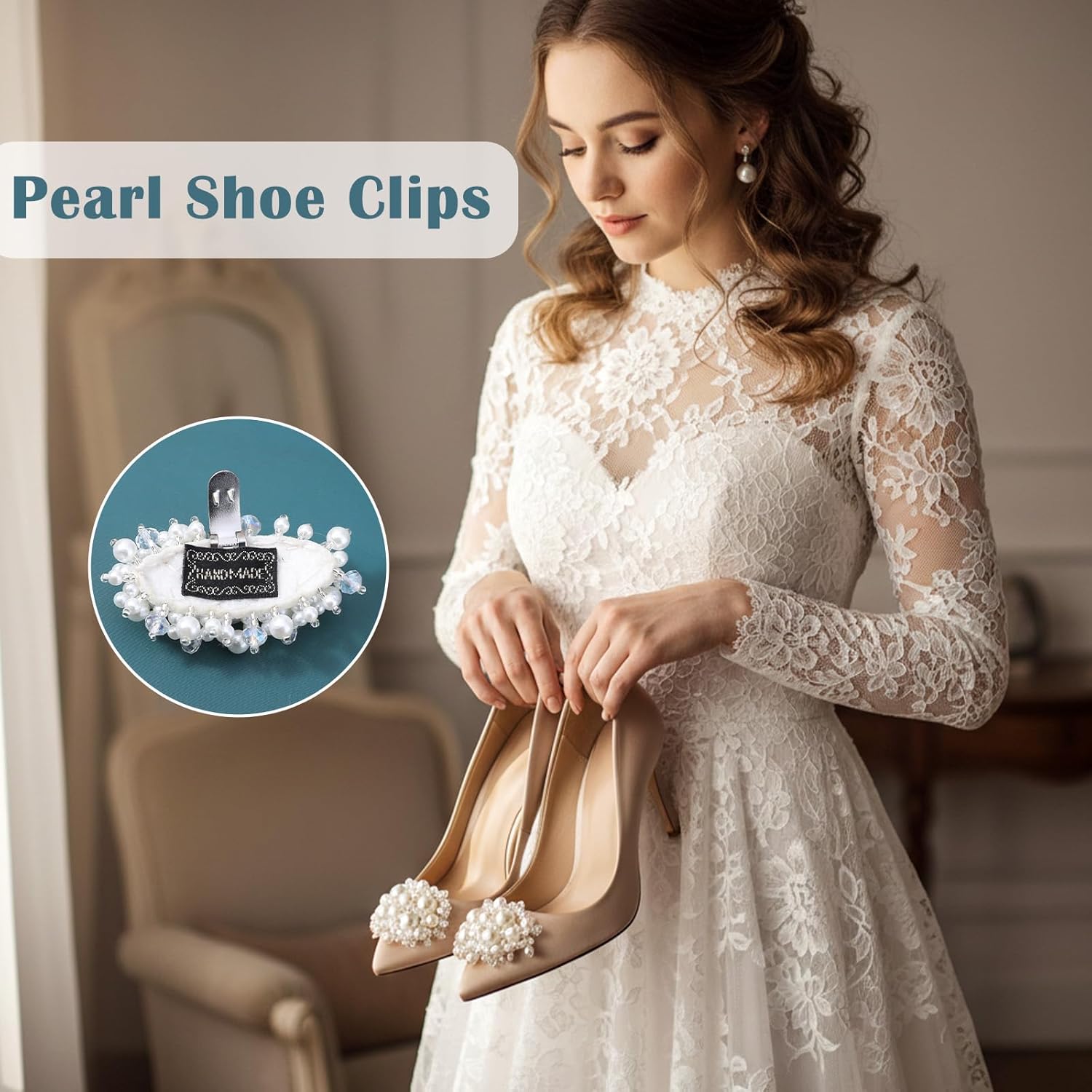2Pcs Pearl Flower Shoe Clips for Women Dress Shoes, 1.57 x 2.76" White Bridal Wedding Floral Shoes Clips Charms with Crystal Beads Detachable Flower Shoe Buckle Clip for Heels DIY Embellishment