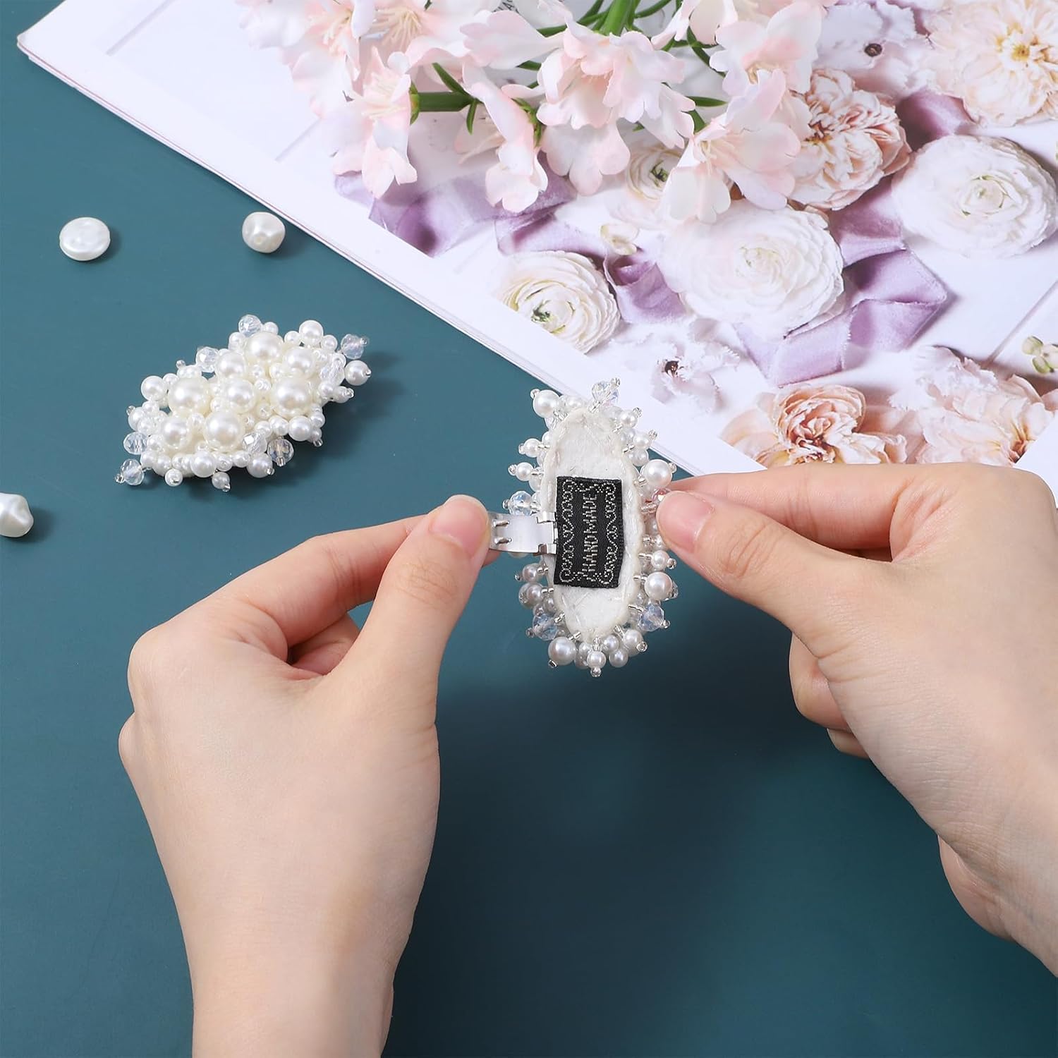 2Pcs Pearl Flower Shoe Clips for Women Dress Shoes, 1.57 x 2.76" White Bridal Wedding Floral Shoes Clips Charms with Crystal Beads Detachable Flower Shoe Buckle Clip for Heels DIY Embellishment