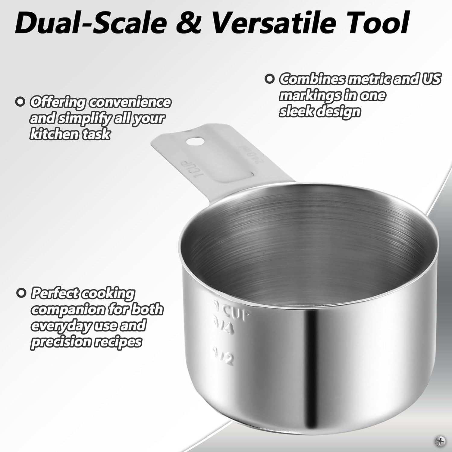 Xindojuz 1 Cup Single Stainless Steel Measuring Cup, Etched Inner Scale Metal Measure Scoop for Cooking Baking, Laundry Detergent, Wet and Dry Ingredients, Dishwasher Safe 240 ml, 8 oz