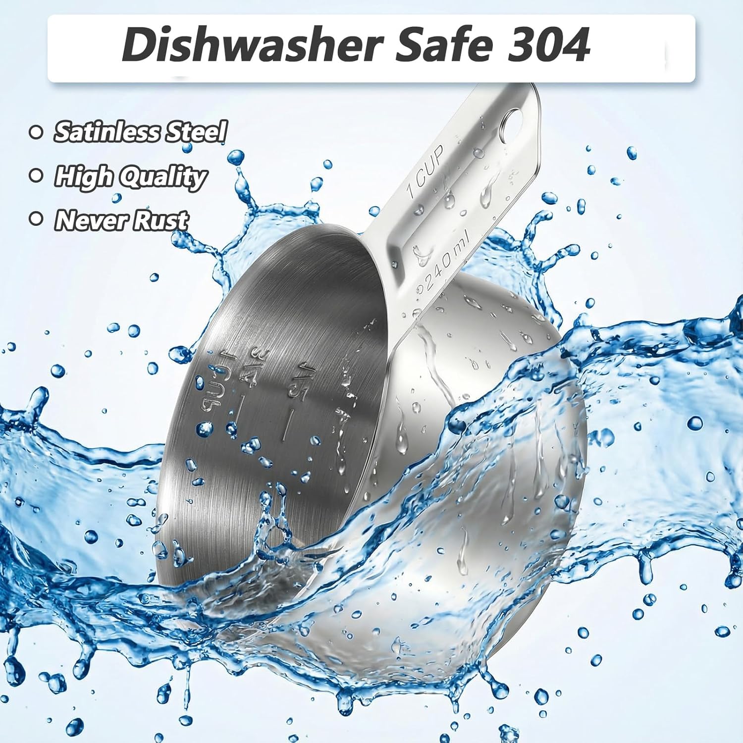Xindojuz 1 Cup Single Stainless Steel Measuring Cup, Etched Inner Scale Metal Measure Scoop for Cooking Baking, Laundry Detergent, Wet and Dry Ingredients, Dishwasher Safe 240 ml, 8 oz
