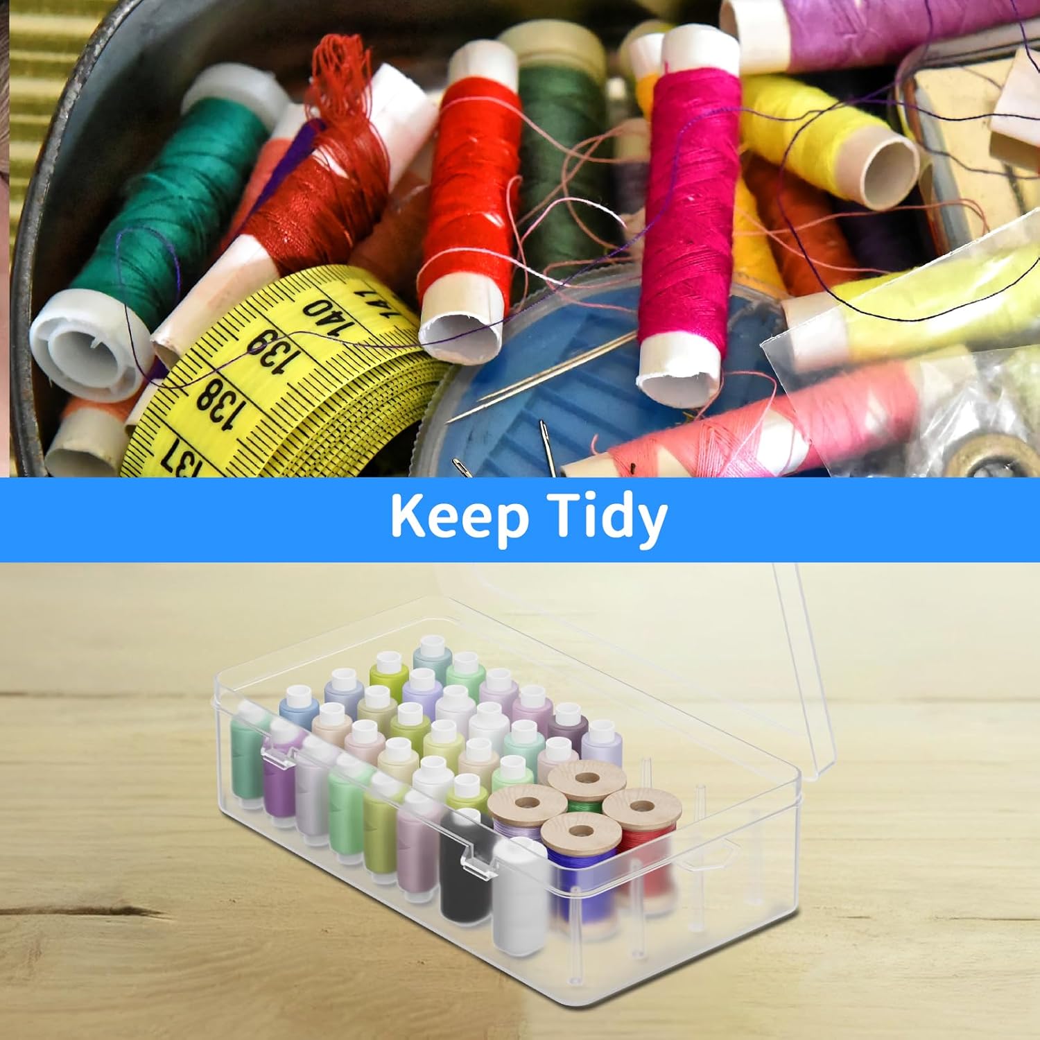 Homakover 42 Spools Sewing Thread Box Storage, Clear Plastic Thread Spools Holder, Embroidery Organizer Bobbins Storage Case, Portable Craft Organizer for Embroidery Quilting and Sewing Threads