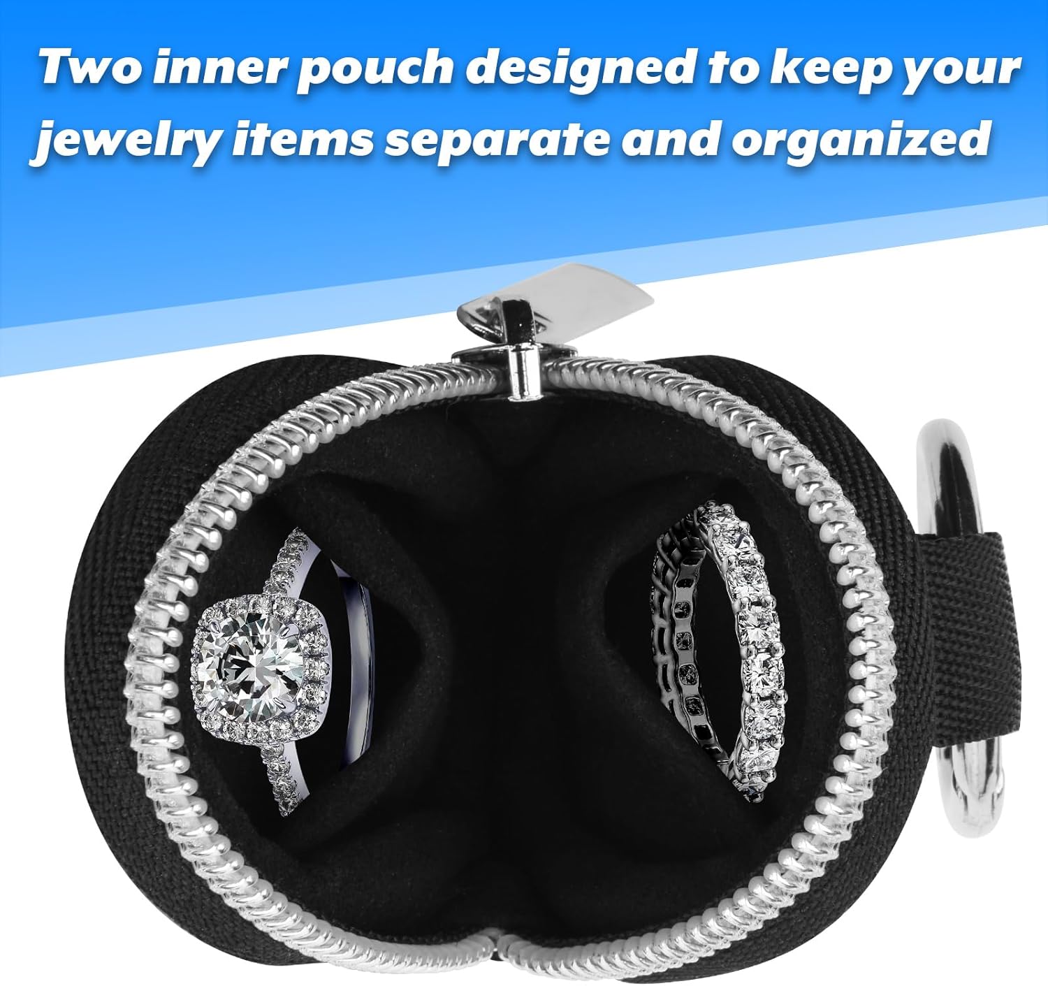 Homakover Portable Ring Organizer Case with Keychain, Traveling Ring Holder Storage Bag, Anti-Lost Keychain Container for Rings, Jewelry 1, Black