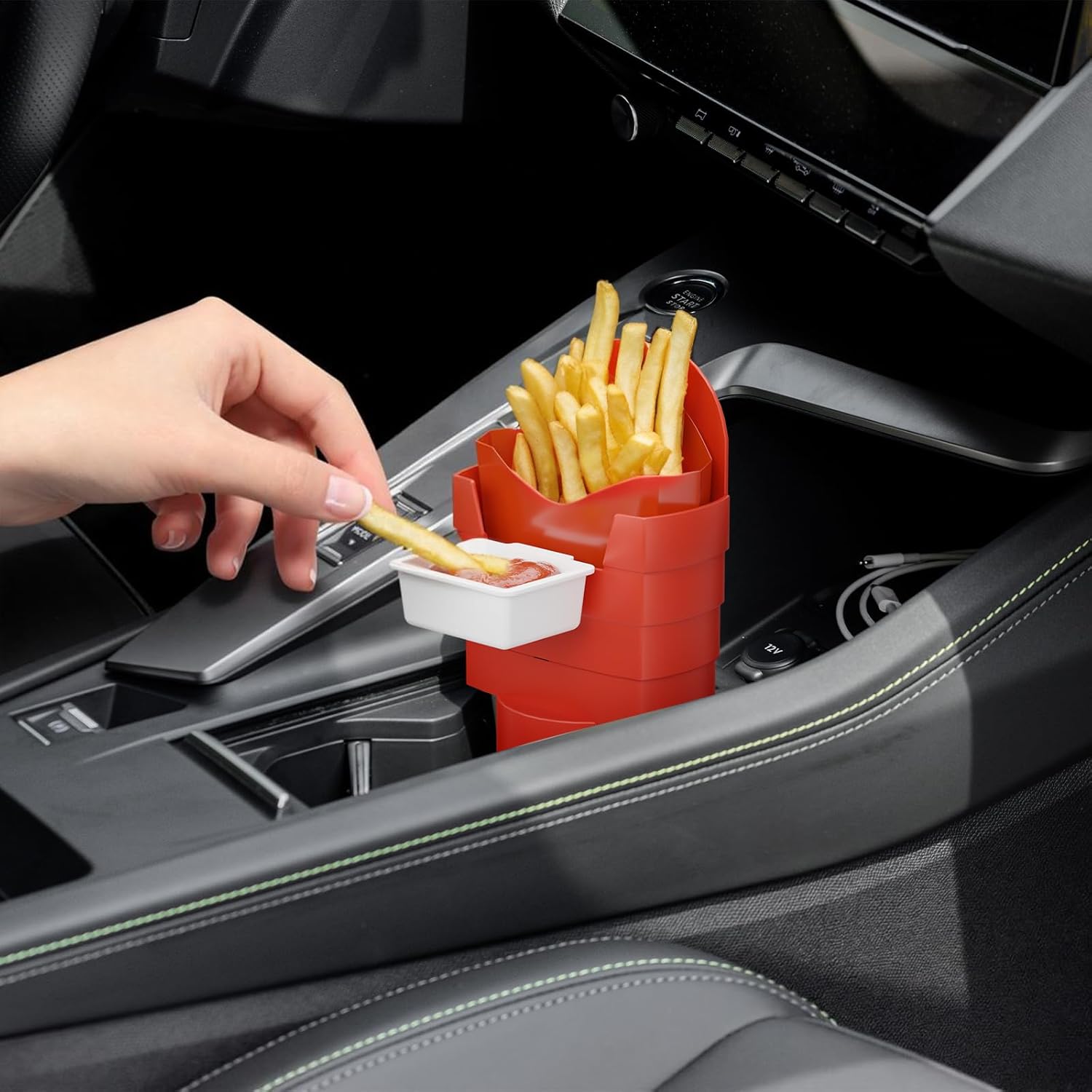 French Fry Holder and Dip Sauce Holder Set for Car, Mini Sauce Holder for On-The-Go Snacking, Idea for Men and Women Stocking Stuffer, for Holiday Present Red