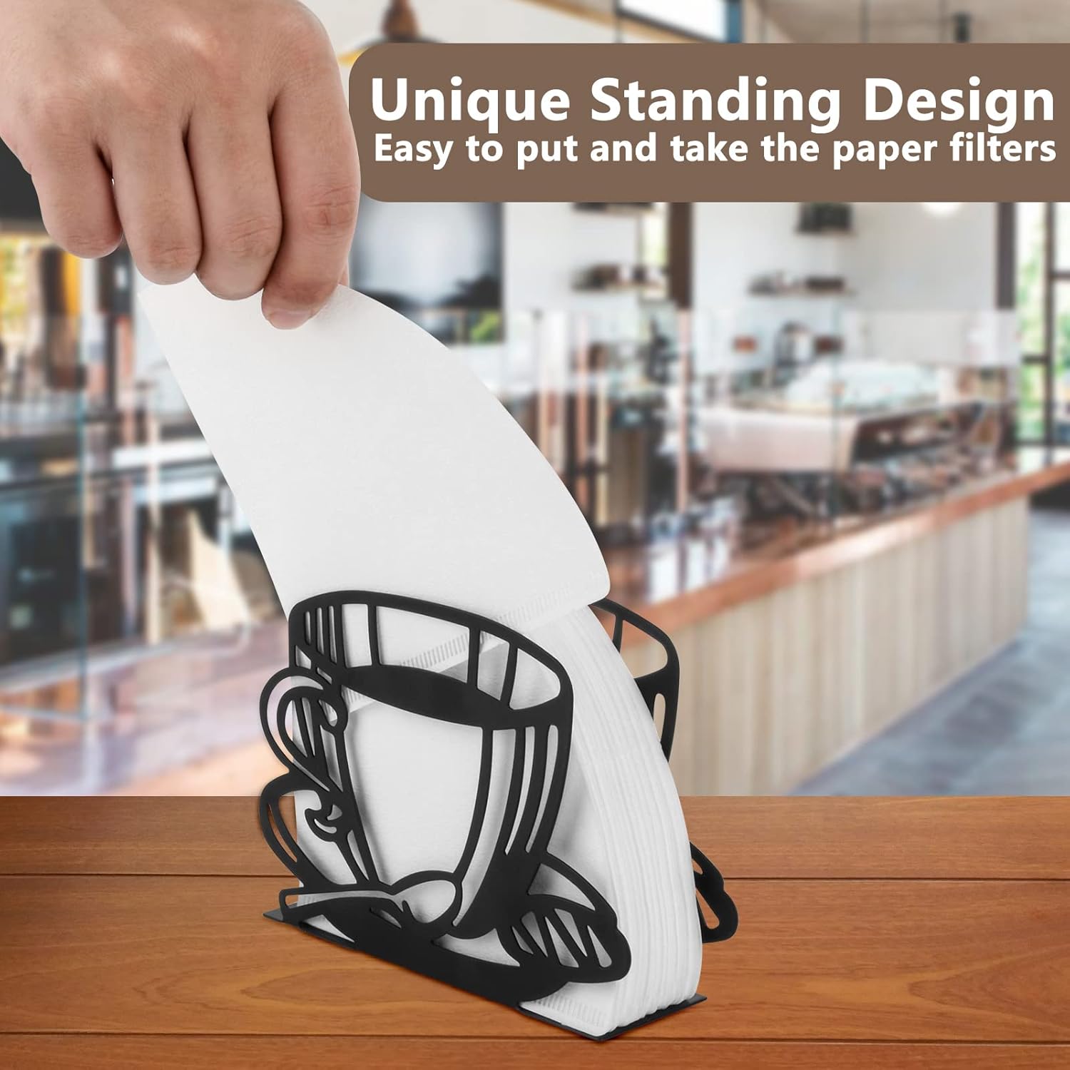 Metal Coffee Filter Stand - Holder & Rack for Coffee Filters, Paper Towels & Napkins - Vertical, Cone & Square Shaped Black