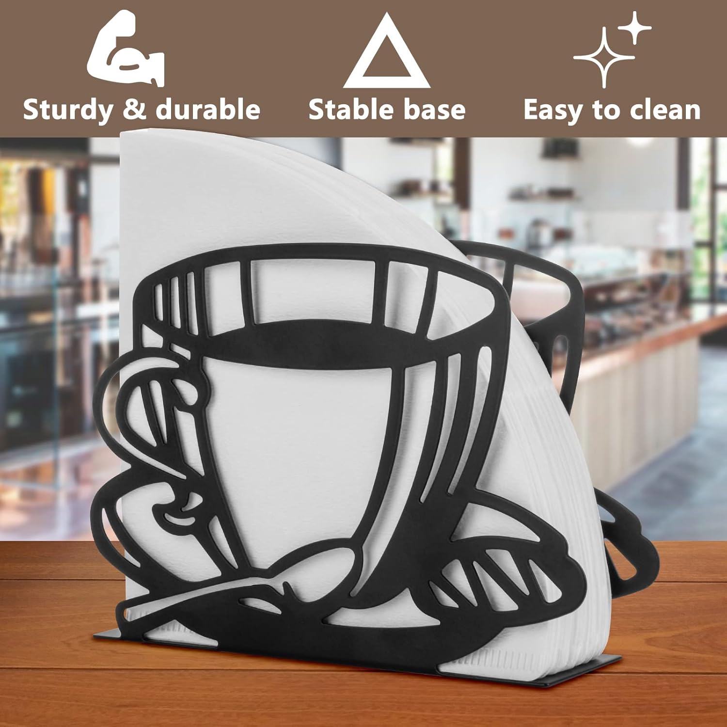 Metal Coffee Filter Stand - Holder & Rack for Coffee Filters, Paper Towels & Napkins - Vertical, Cone & Square Shaped Black