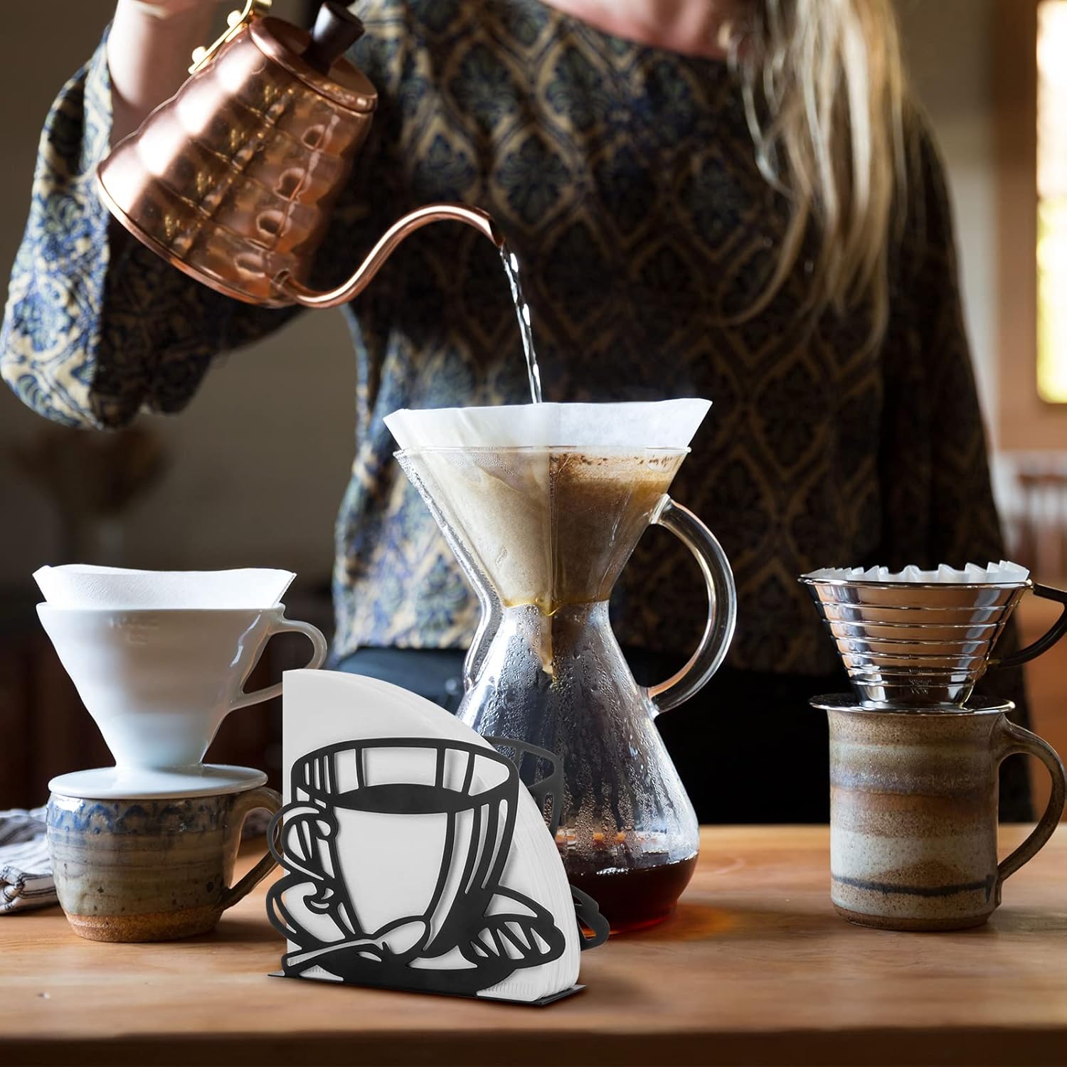 Metal Coffee Filter Stand - Holder & Rack for Coffee Filters, Paper Towels & Napkins - Vertical, Cone & Square Shaped Black
