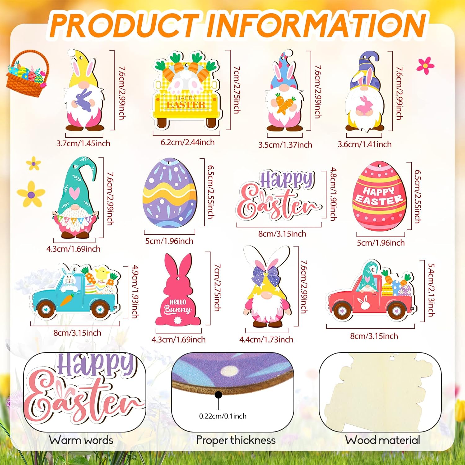 Glenmal 36 Pcs Happy Easter Ornaments for Tree Easter Wooden Hanging Ornaments Egg Bunny Tree Decorations Spring Gnome Chick Wood Slices Pendant with Rope for Home Spring Party Decor