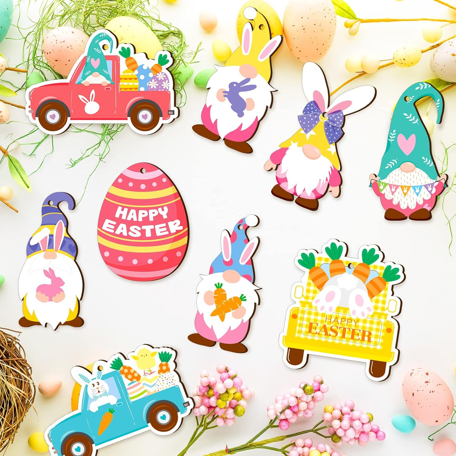 Glenmal 36 Pcs Happy Easter Ornaments for Tree Easter Wooden Hanging Ornaments Egg Bunny Tree Decorations Spring Gnome Chick Wood Slices Pendant with Rope for Home Spring Party Decor