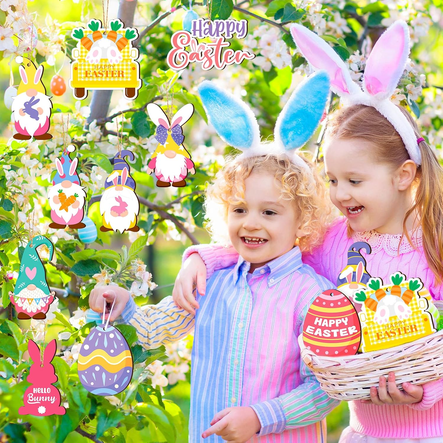 Glenmal 36 Pcs Happy Easter Ornaments for Tree Easter Wooden Hanging Ornaments Egg Bunny Tree Decorations Spring Gnome Chick Wood Slices Pendant with Rope for Home Spring Party Decor