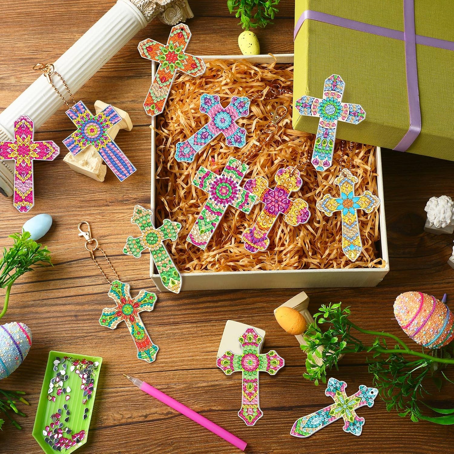 Glenmal 12 Pcs Easter Diamond Painting Keychains Cross Diamond Art Keychains Kits for Adults Religious Crosses Ornaments 5D Key Chain Christian Rhinestones Bookmarks Key Rings for DIY Crafts Gifts