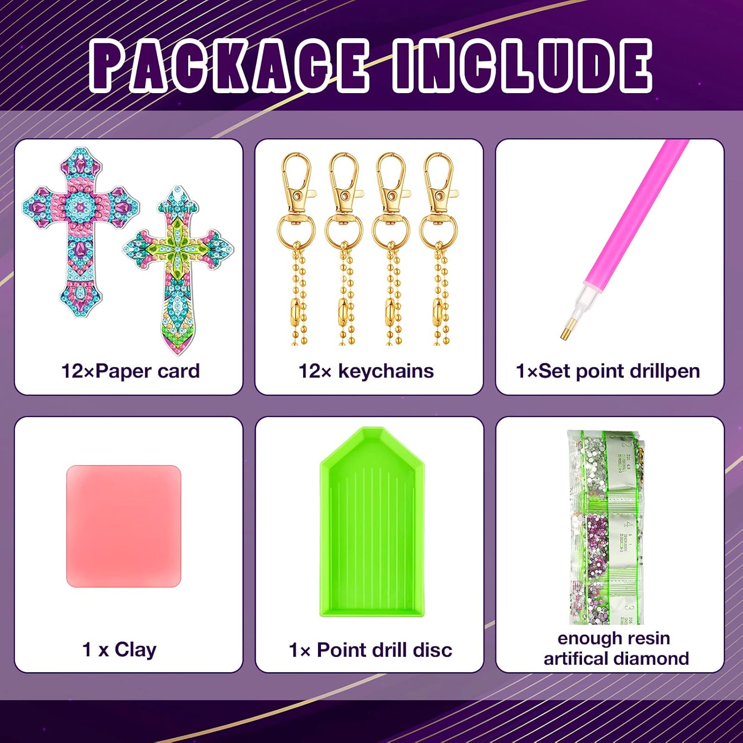 Glenmal 12 Pcs Easter Diamond Painting Keychains Cross Diamond Art Keychains Kits for Adults Religious Crosses Ornaments 5D Key Chain Christian Rhinestones Bookmarks Key Rings for DIY Crafts Gifts