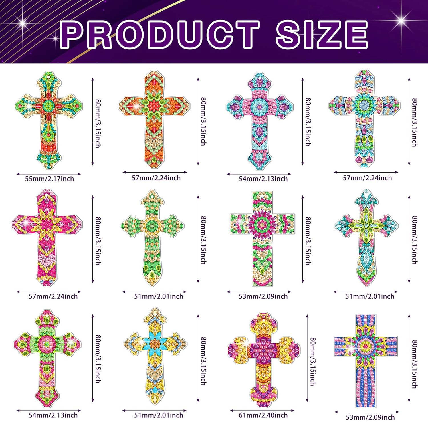 Glenmal 12 Pcs Easter Diamond Painting Keychains Cross Diamond Art Keychains Kits for Adults Religious Crosses Ornaments 5D Key Chain Christian Rhinestones Bookmarks Key Rings for DIY Crafts Gifts