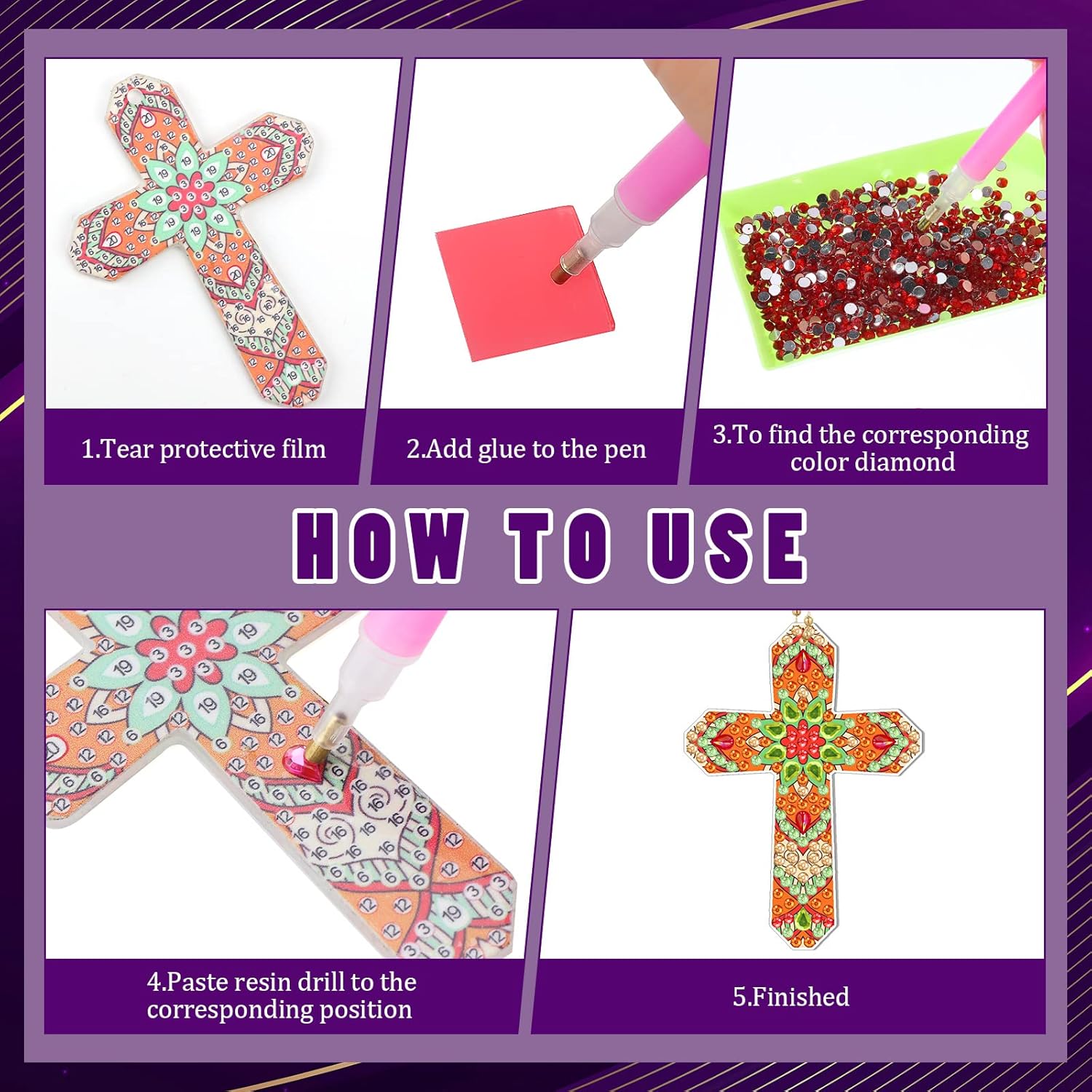 Glenmal 12 Pcs Easter Diamond Painting Keychains Cross Diamond Art Keychains Kits for Adults Religious Crosses Ornaments 5D Key Chain Christian Rhinestones Bookmarks Key Rings for DIY Crafts Gifts