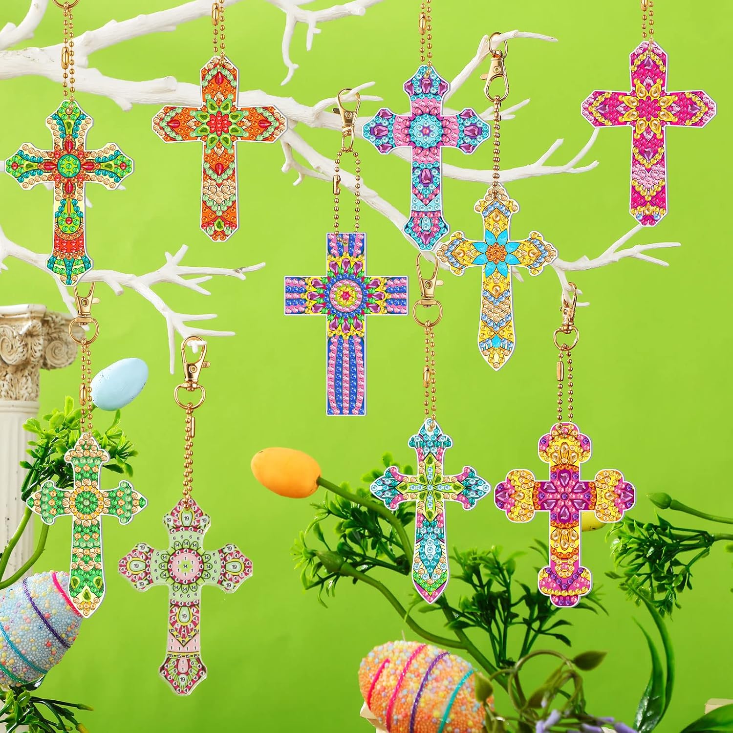 Glenmal 12 Pcs Easter Diamond Painting Keychains Cross Diamond Art Keychains Kits for Adults Religious Crosses Ornaments 5D Key Chain Christian Rhinestones Bookmarks Key Rings for DIY Crafts Gifts