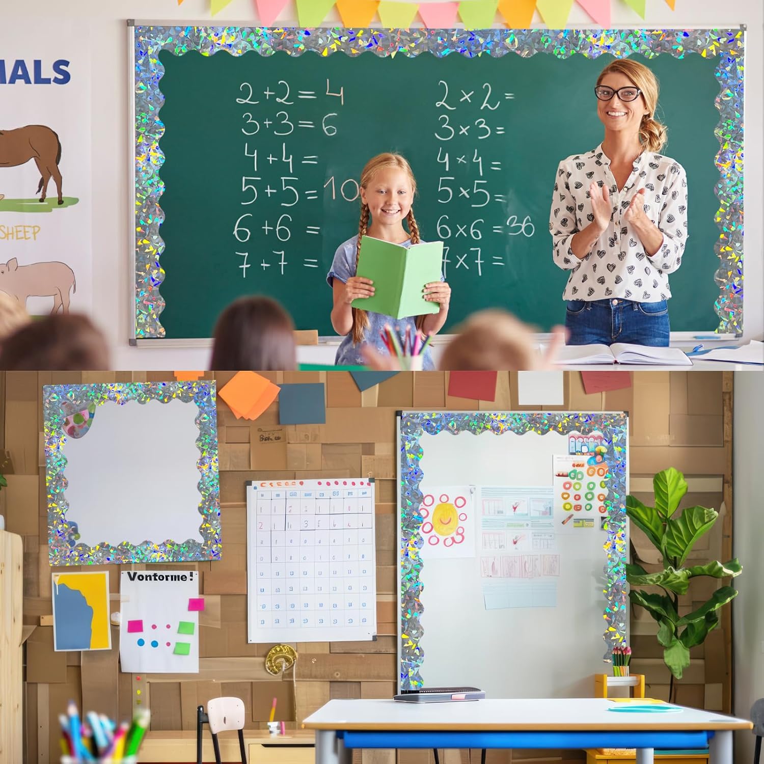 STARLIBOO 60 Feet Bulletin Board Borders, Holographic Scalloped Rolled Border Trim for School, Classroom & Offices