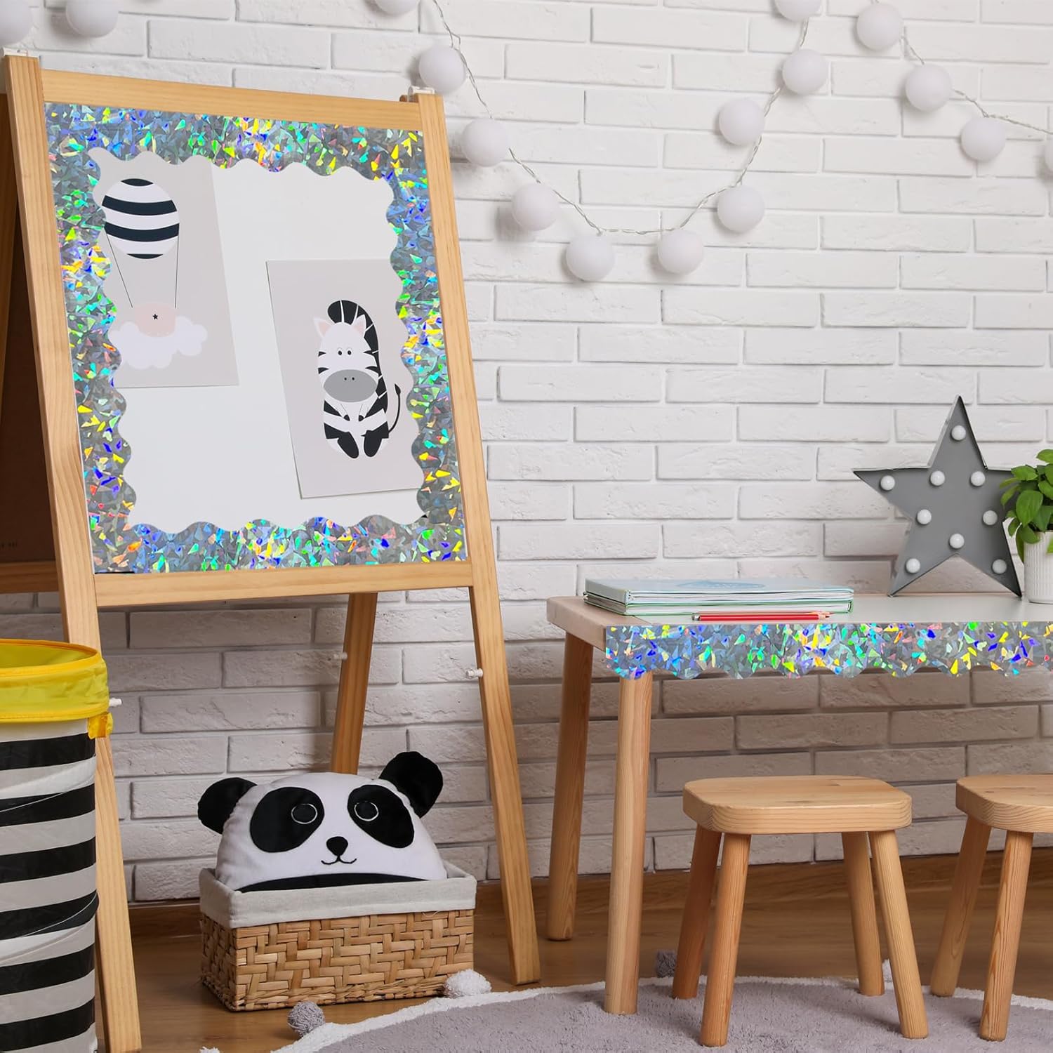 STARLIBOO 60 Feet Bulletin Board Borders, Holographic Scalloped Rolled Border Trim for School, Classroom & Offices
