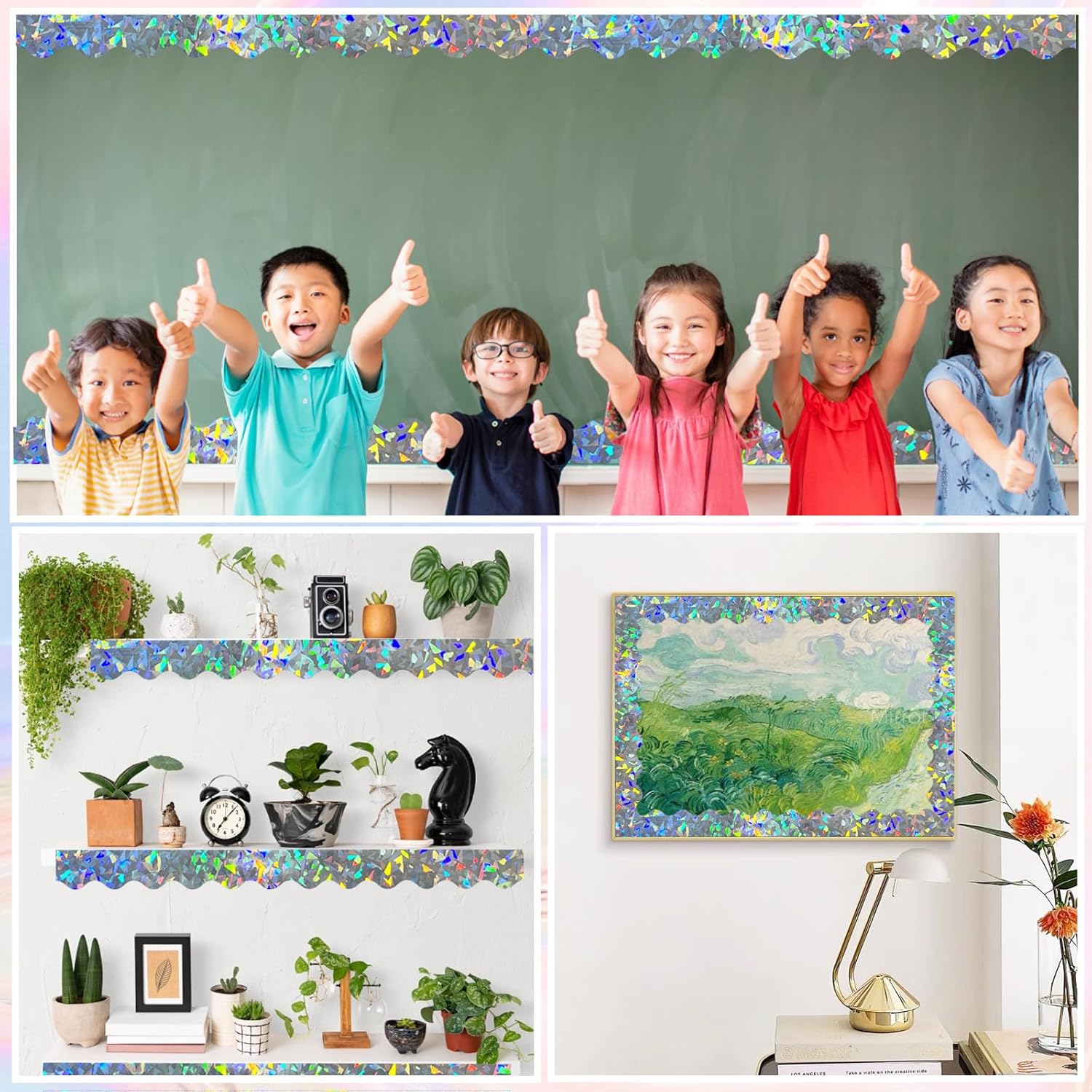 STARLIBOO 60 Feet Bulletin Board Borders, Holographic Scalloped Rolled Border Trim for School, Classroom & Offices