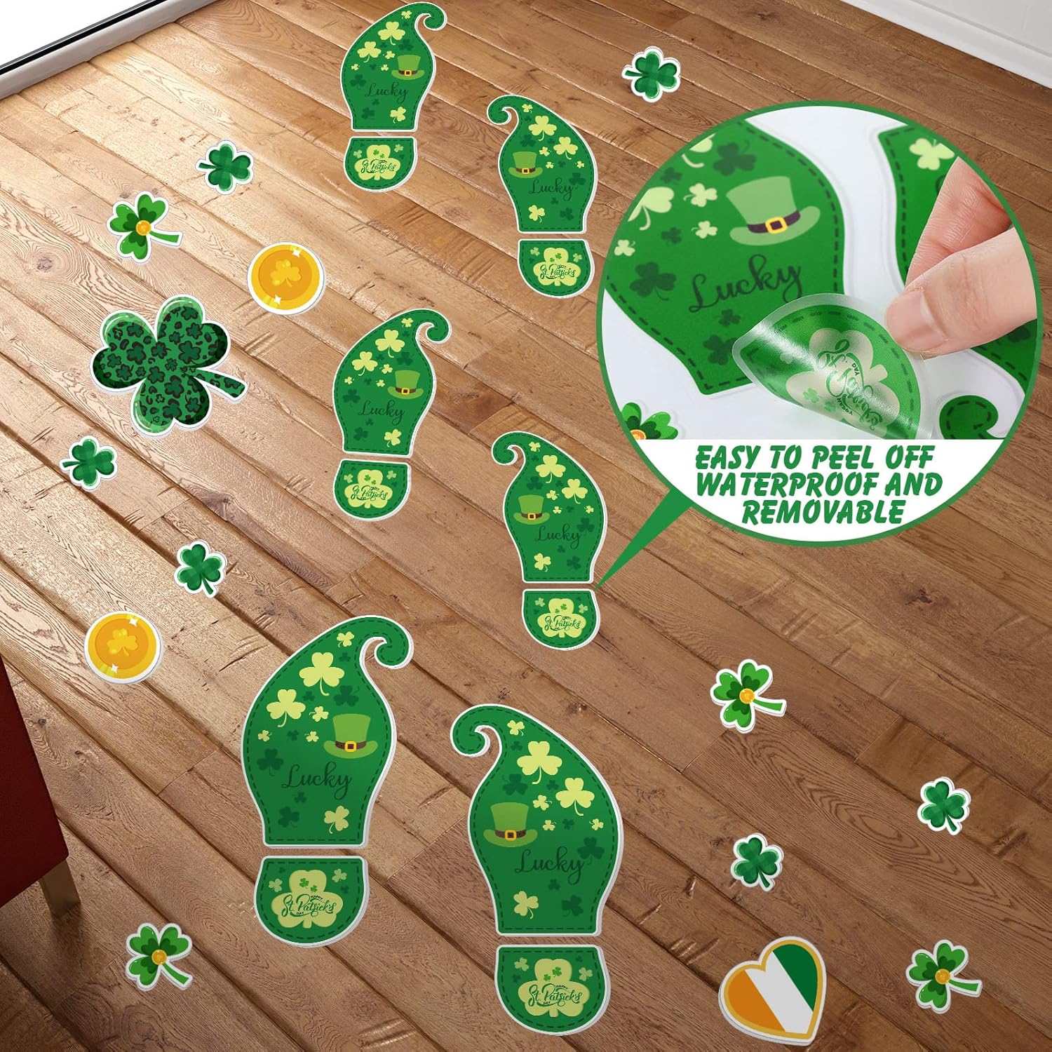 10 Sheets 150 Pcs Leprechaun Footprints Floor Decals Stickers St. Patrick's Day Decorations Shamrock Self Adhesive Shamrock Gold Coin Stickers for Office Home Window Party Supplies