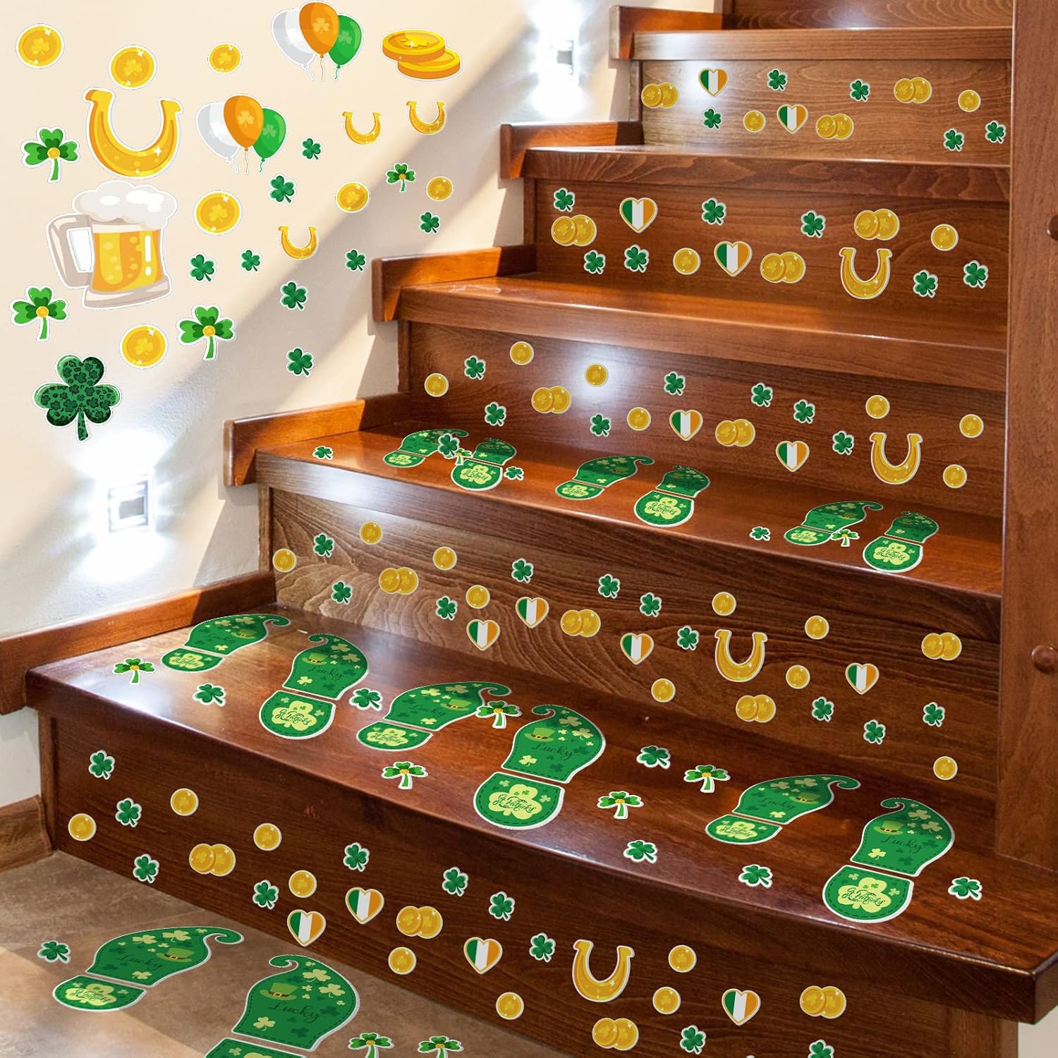 10 Sheets 150 Pcs Leprechaun Footprints Floor Decals Stickers St. Patrick's Day Decorations Shamrock Self Adhesive Shamrock Gold Coin Stickers for Office Home Window Party Supplies