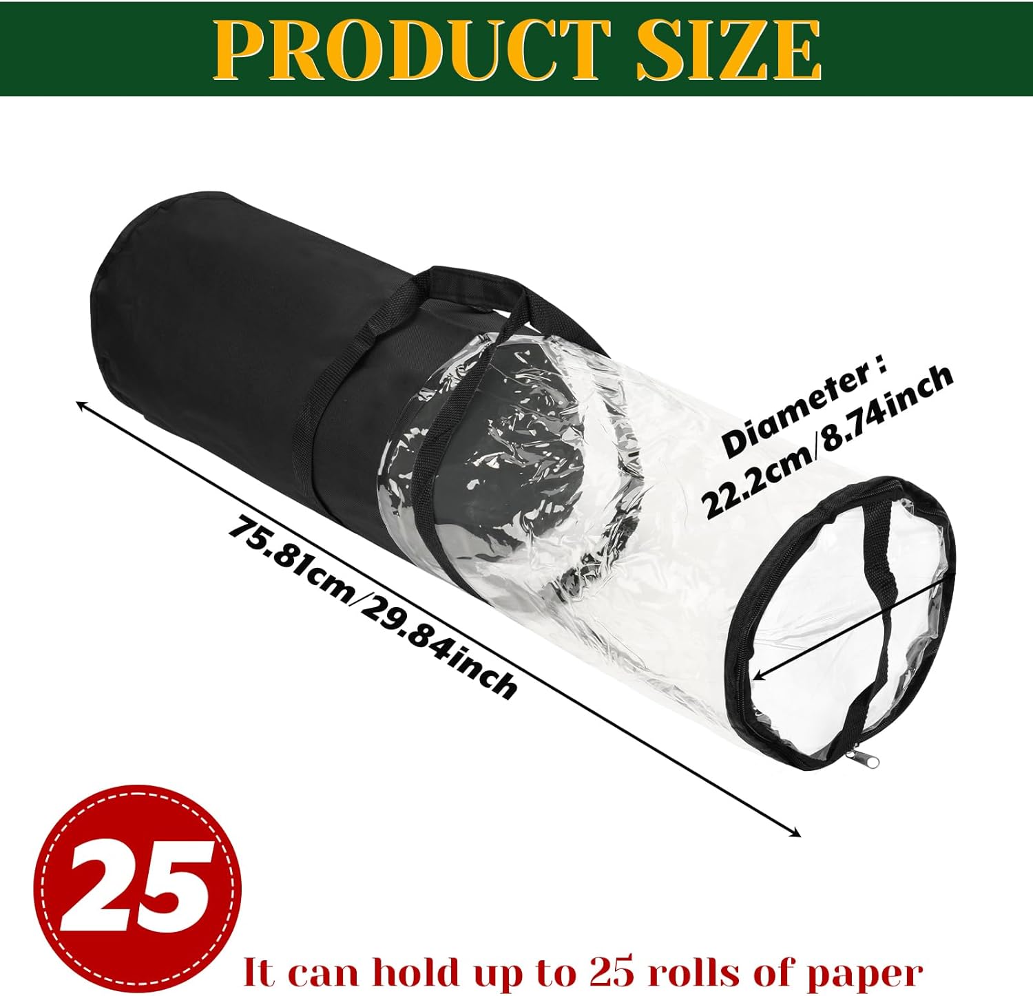 Homakover Clear PVC Christmas Wrapping Paper Organizer Storage, 30" Gift Wrap Organizer Zippered Storage, Fit for 18-25 Rolls Black