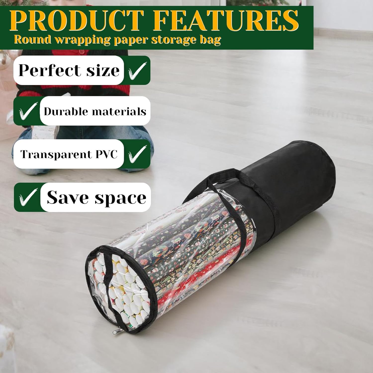 Homakover Clear PVC Christmas Wrapping Paper Organizer Storage, 30" Gift Wrap Organizer Zippered Storage, Fit for 18-25 Rolls Black