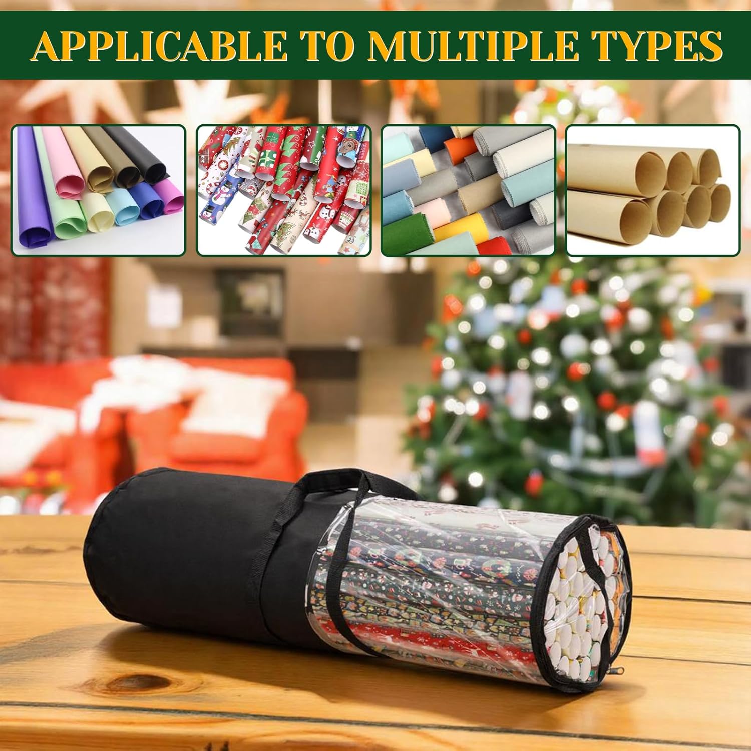 Homakover Clear PVC Christmas Wrapping Paper Organizer Storage, 30" Gift Wrap Organizer Zippered Storage, Fit for 18-25 Rolls Black