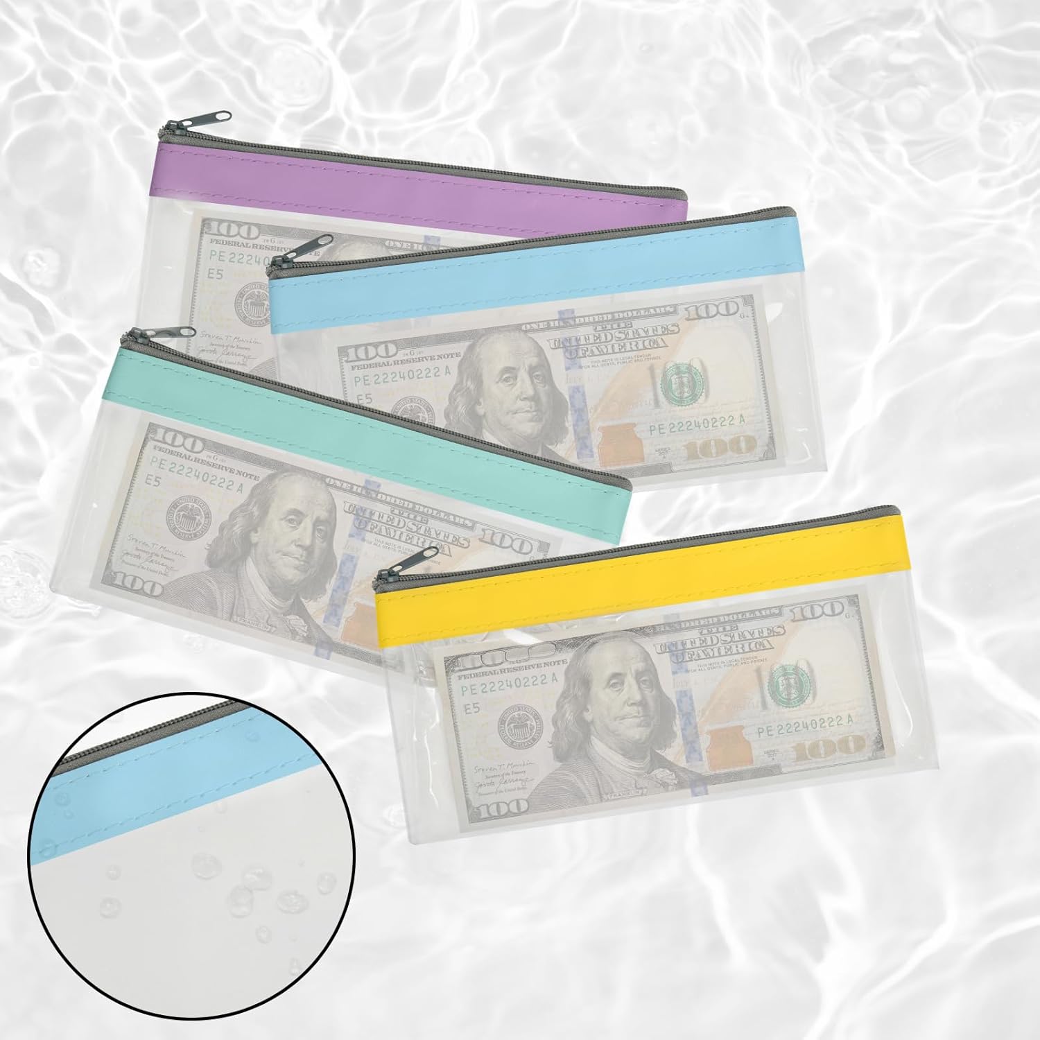 4 Pack Multi-Purpose Money Pouch, Cash Envelopes with Zipper, Money Bags Clear Bank Deposit Coin Bag for Coin, Deposit, Checks, Receipts, Passport Color B