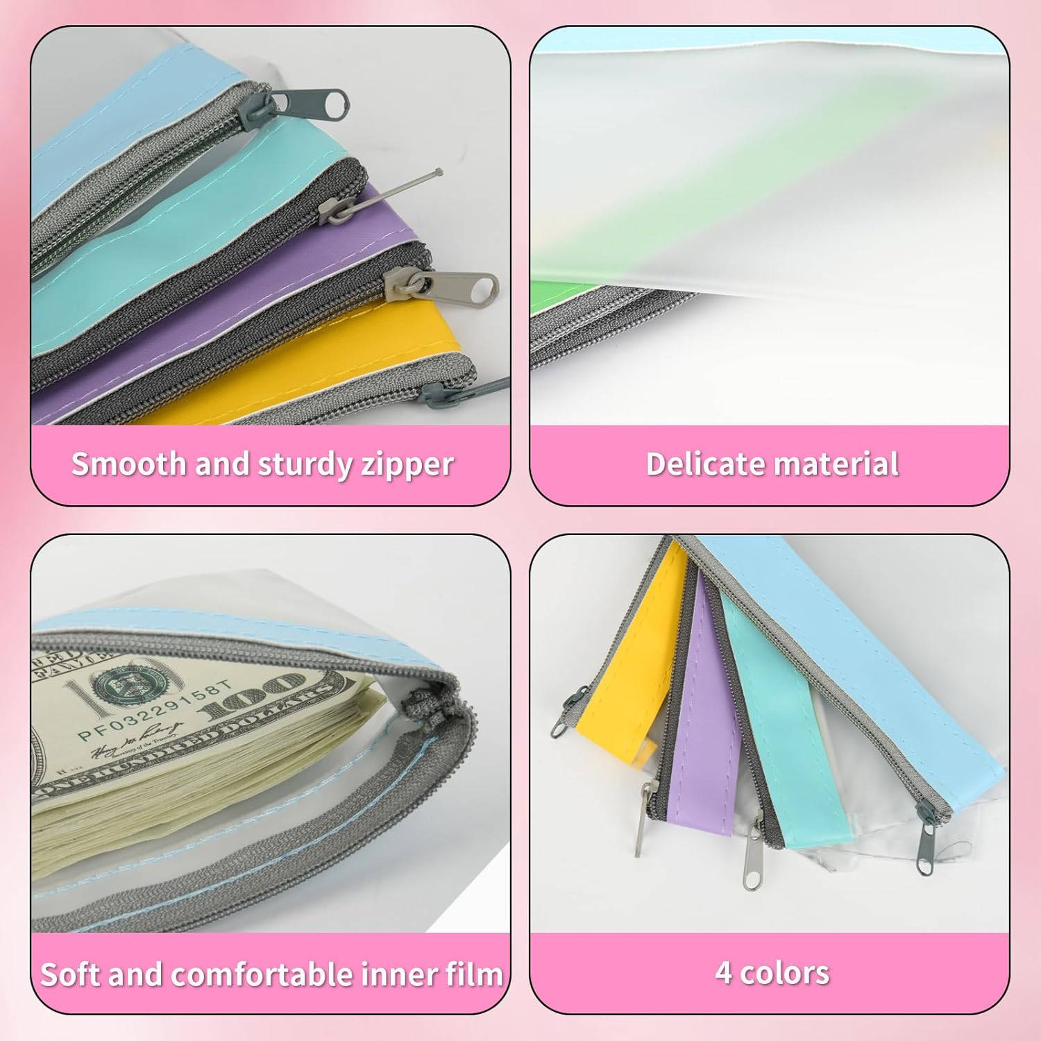 4 Pack Multi-Purpose Money Pouch, Cash Envelopes with Zipper, Money Bags Clear Bank Deposit Coin Bag for Coin, Deposit, Checks, Receipts, Passport Color B