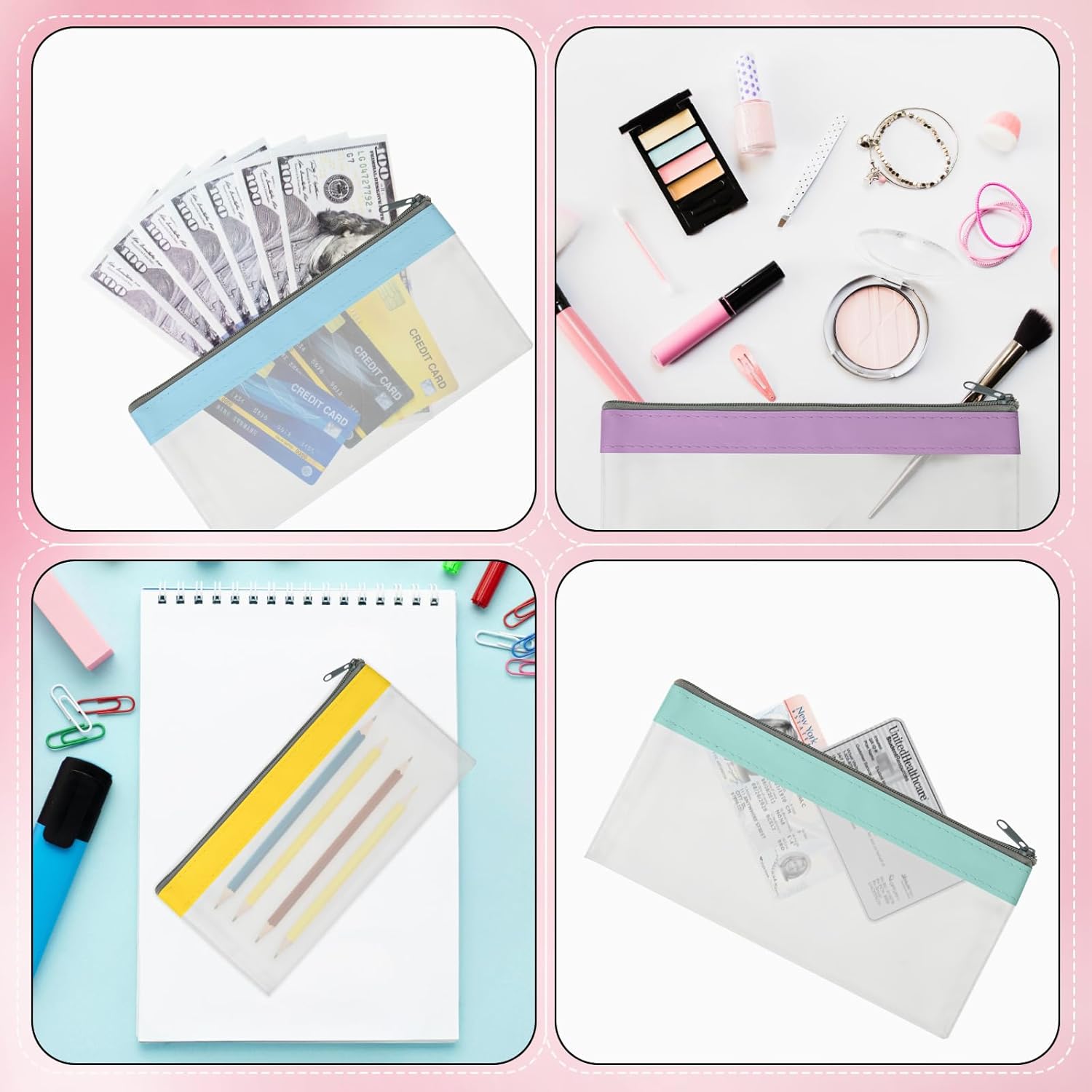 4 Pack Multi-Purpose Money Pouch, Cash Envelopes with Zipper, Money Bags Clear Bank Deposit Coin Bag for Coin, Deposit, Checks, Receipts, Passport Color B