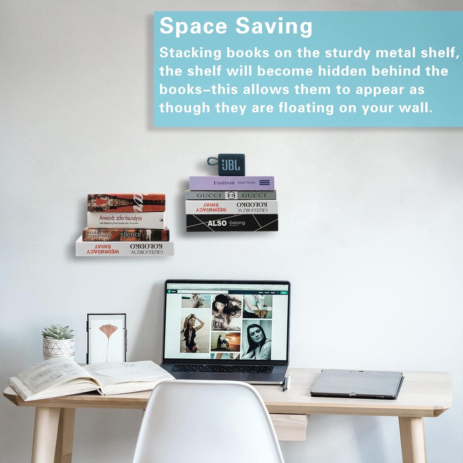 Homakover Invisible Floating Bookshelves, Heavy-Duty Book Organizers, Wall Mounted Bookshelf, Iron Storage Shelves for Bedroom, Living Room, Office Small 2 Pieces, White
