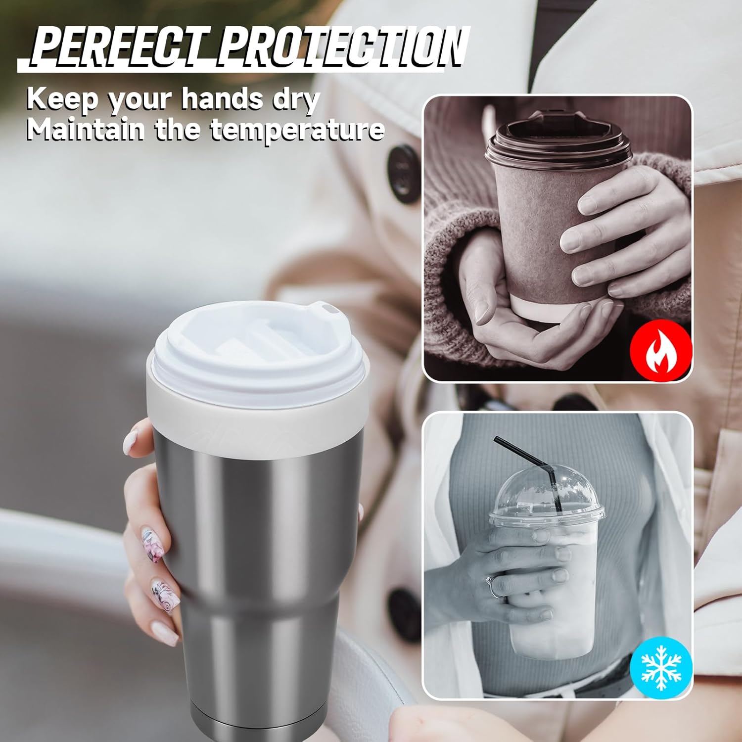 Silicone Ring for 30 & 40 oz Stainless Steel Tumbler,Reusable Iced Coffee Cup Ring,Durable Drink Sleeve for Cold Beverages, Leak-Proof Lid for Iced Coffee,Hot Drinks White x 2