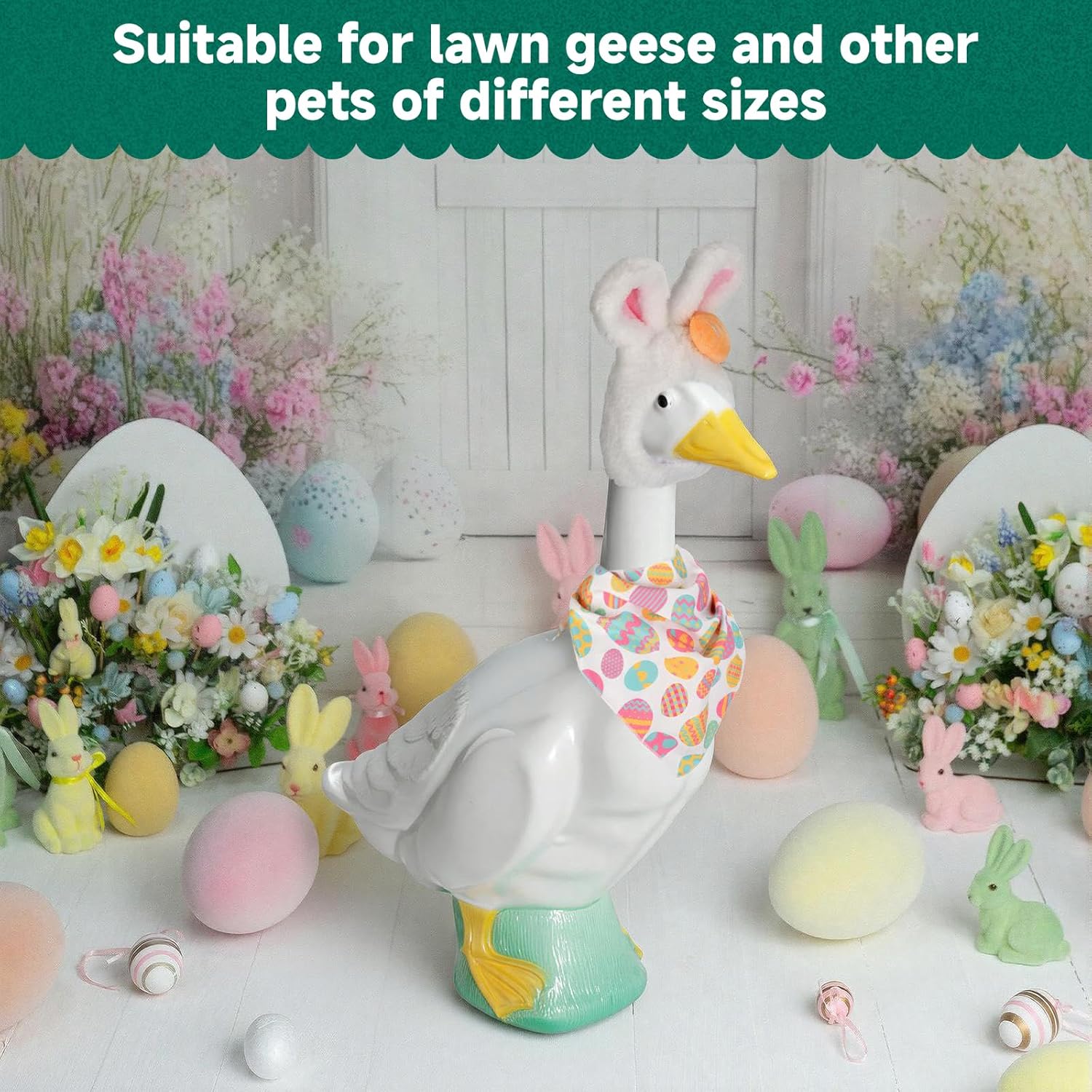 Homakover Easter Bunny Porch Goose Outfits, Easter Goose Costume Includes Bunny Ear Hat and Scarf for Cement Goose 23" H