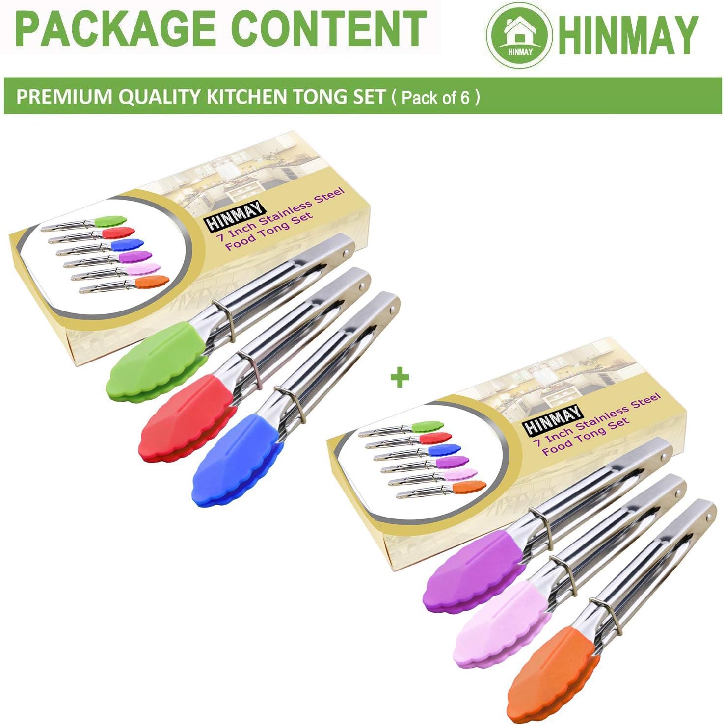 Small Tongs with Silicone Tips 7-Inch Mini Serving Tongs, Set of 6 Green Red Blue Purple Pink Orange