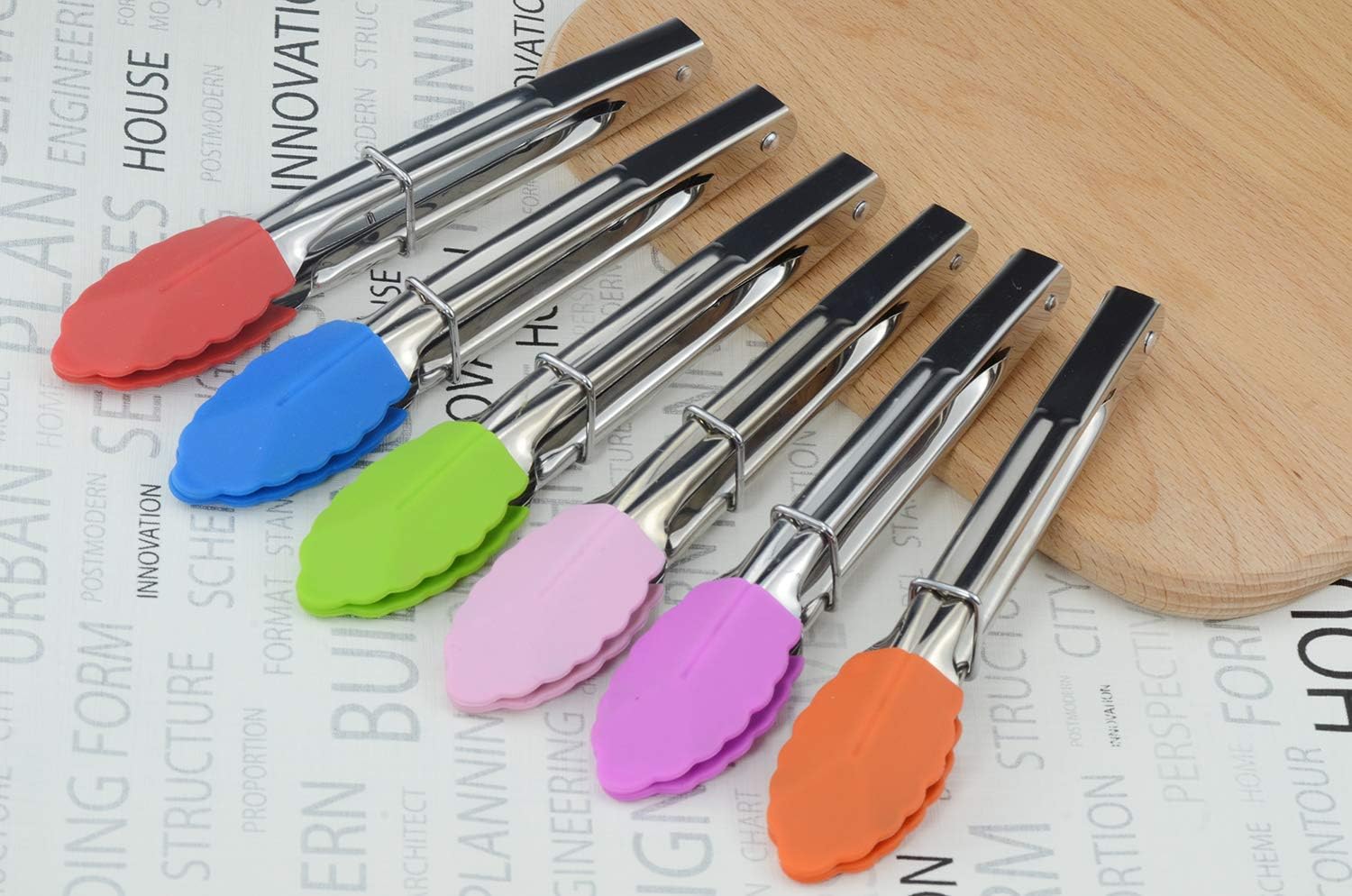 Small Tongs with Silicone Tips 7-Inch Mini Serving Tongs, Set of 6 Green Red Blue Purple Pink Orange