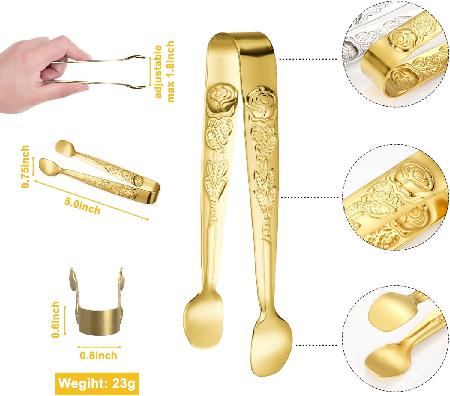 6PCS Mini Serving Tongs 5-Inch Small Rose Sugar Cube Appetizer Tongs, Tiny l Tong for Tea Party, Coffee Bar, Desserts Gold