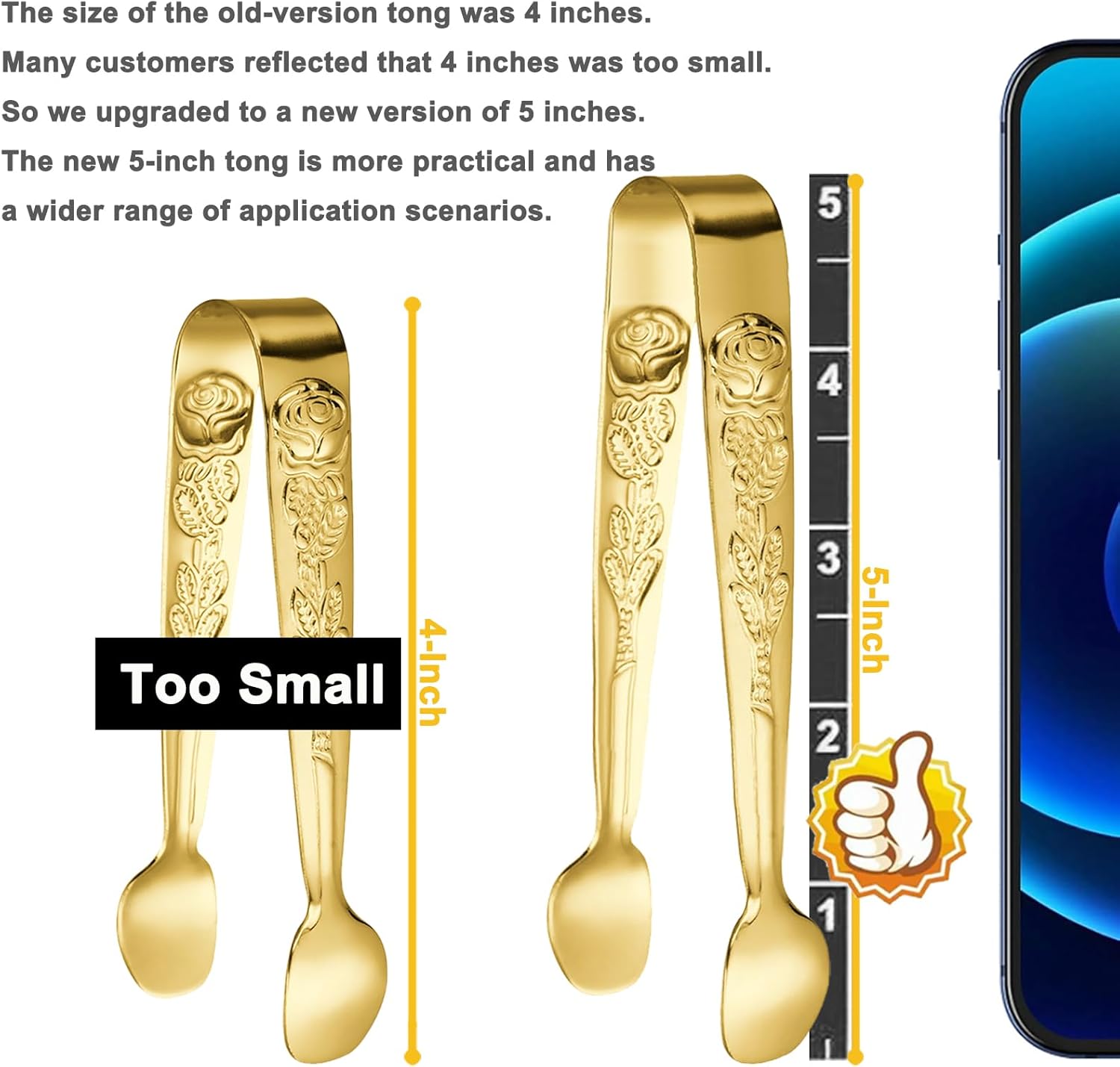 6PCS Mini Serving Tongs 5-Inch Small Rose Sugar Cube Appetizer Tongs, Tiny l Tong for Tea Party, Coffee Bar, Desserts Gold