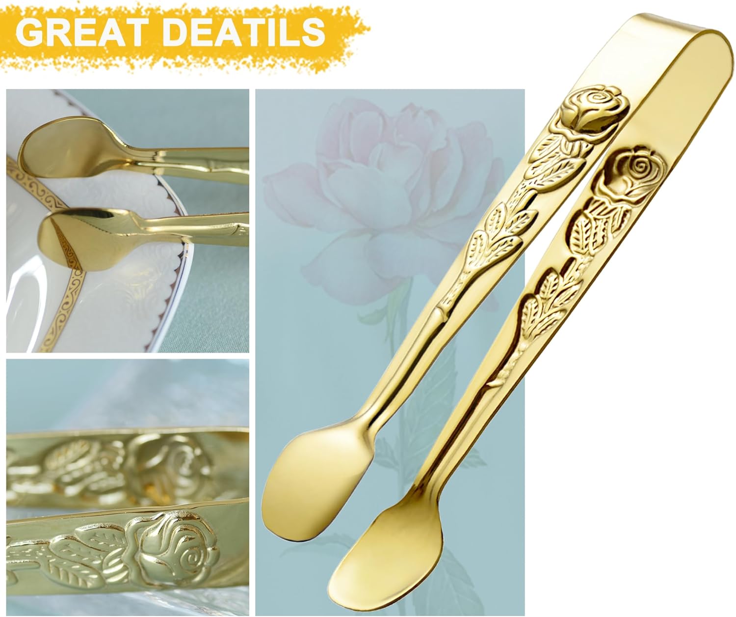 6PCS Mini Serving Tongs 5-Inch Small Rose Sugar Cube Appetizer Tongs, Tiny l Tong for Tea Party, Coffee Bar, Desserts Gold