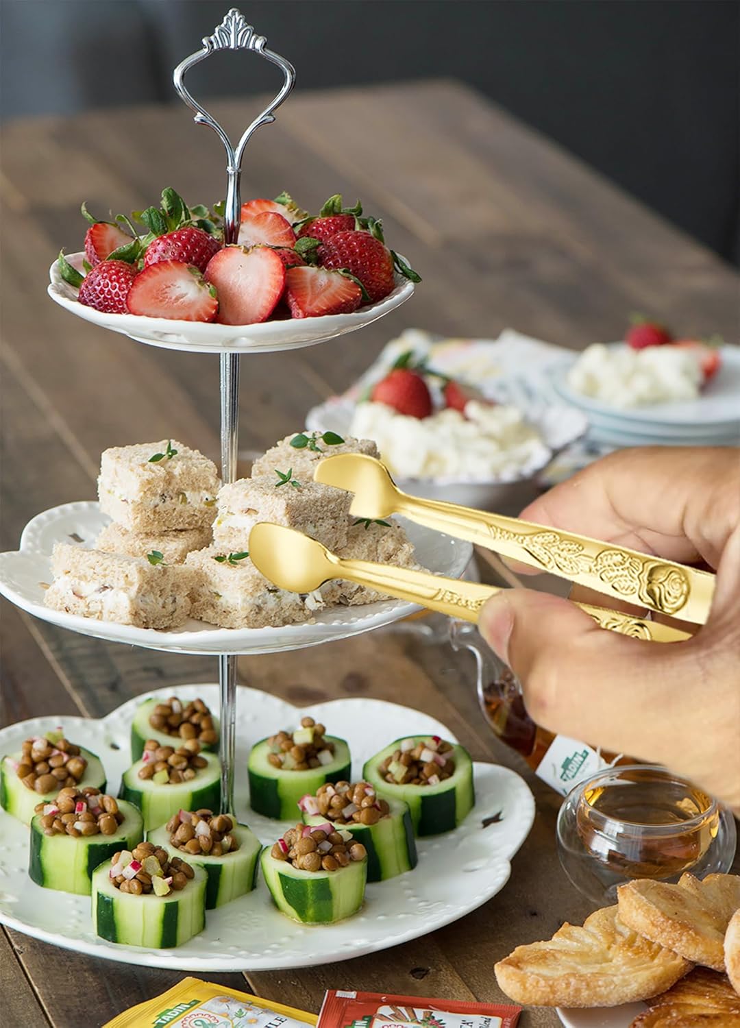6PCS Mini Serving Tongs 5-Inch Small Rose Sugar Cube Appetizer Tongs, Tiny l Tong for Tea Party, Coffee Bar, Desserts Gold