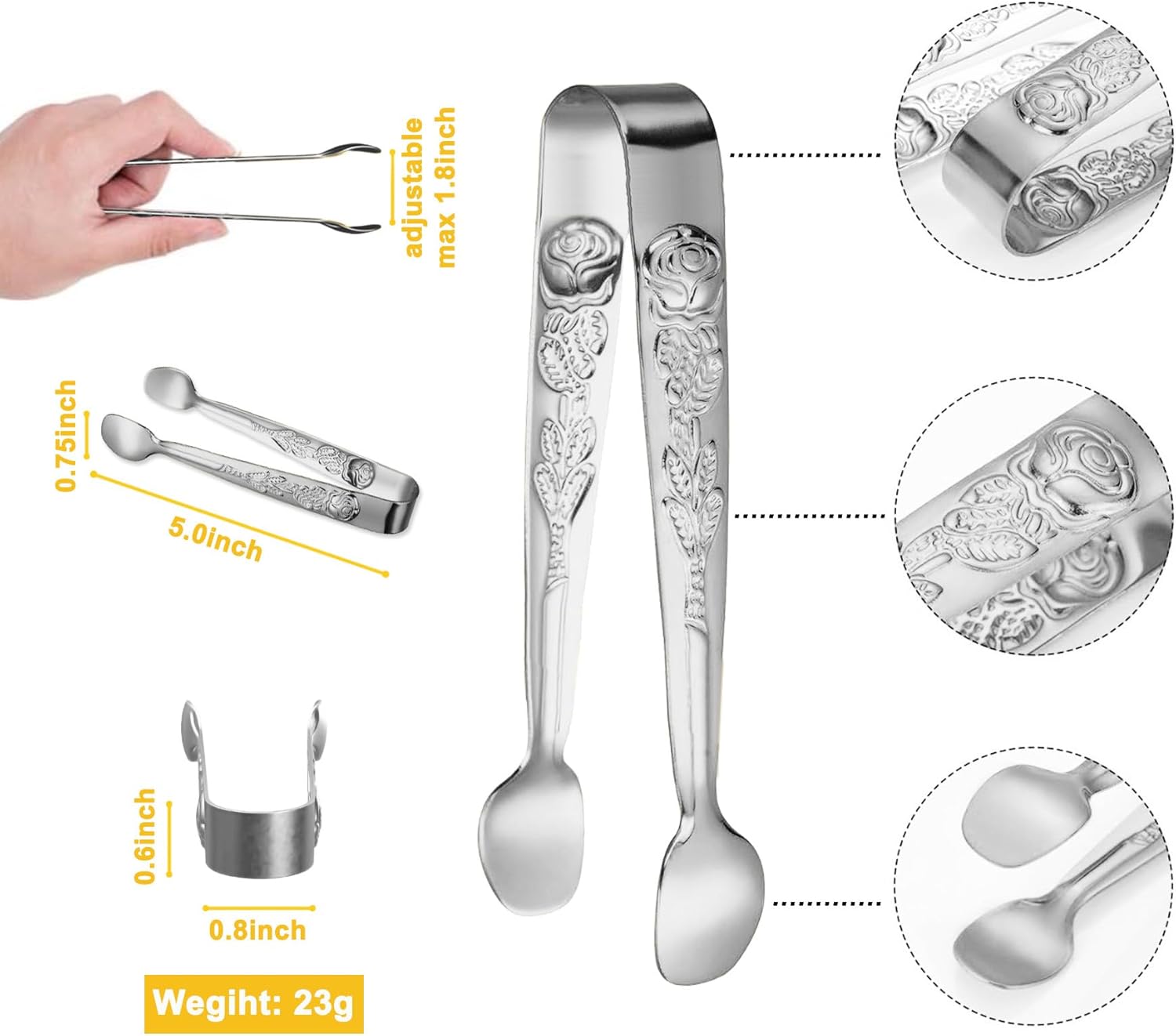 6PCS Mini Serving Tongs 5-Inch Small Sugar Tongs, Tiny Stainless Steel Kitchen Tong for Appetizers, Tea Party, Coffee Bar, Desserts Silver
