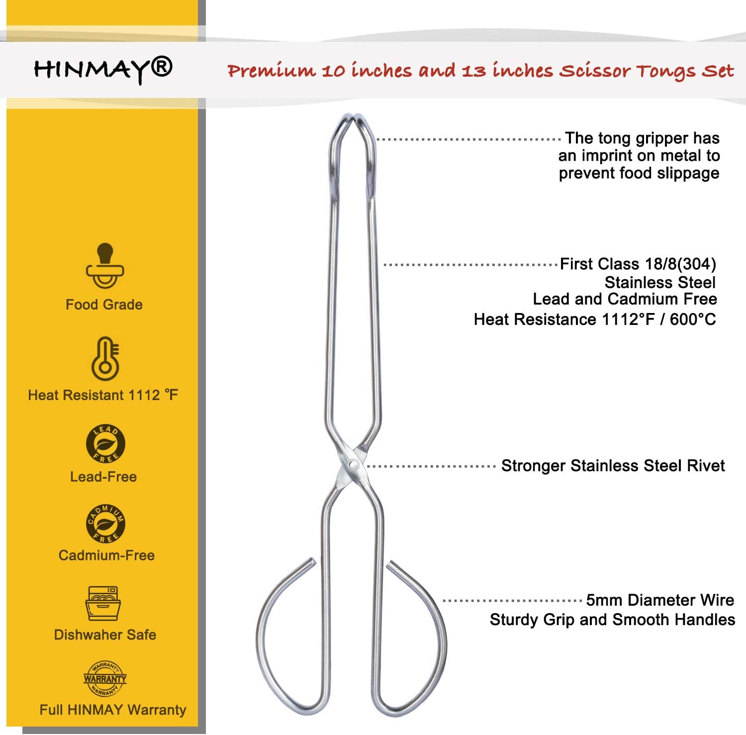 Stainless Steel Kitchen Scissor Tongs Set, 2-Piece 10/13 Inch for Cooking, Grilling, Serving, and Barbecue