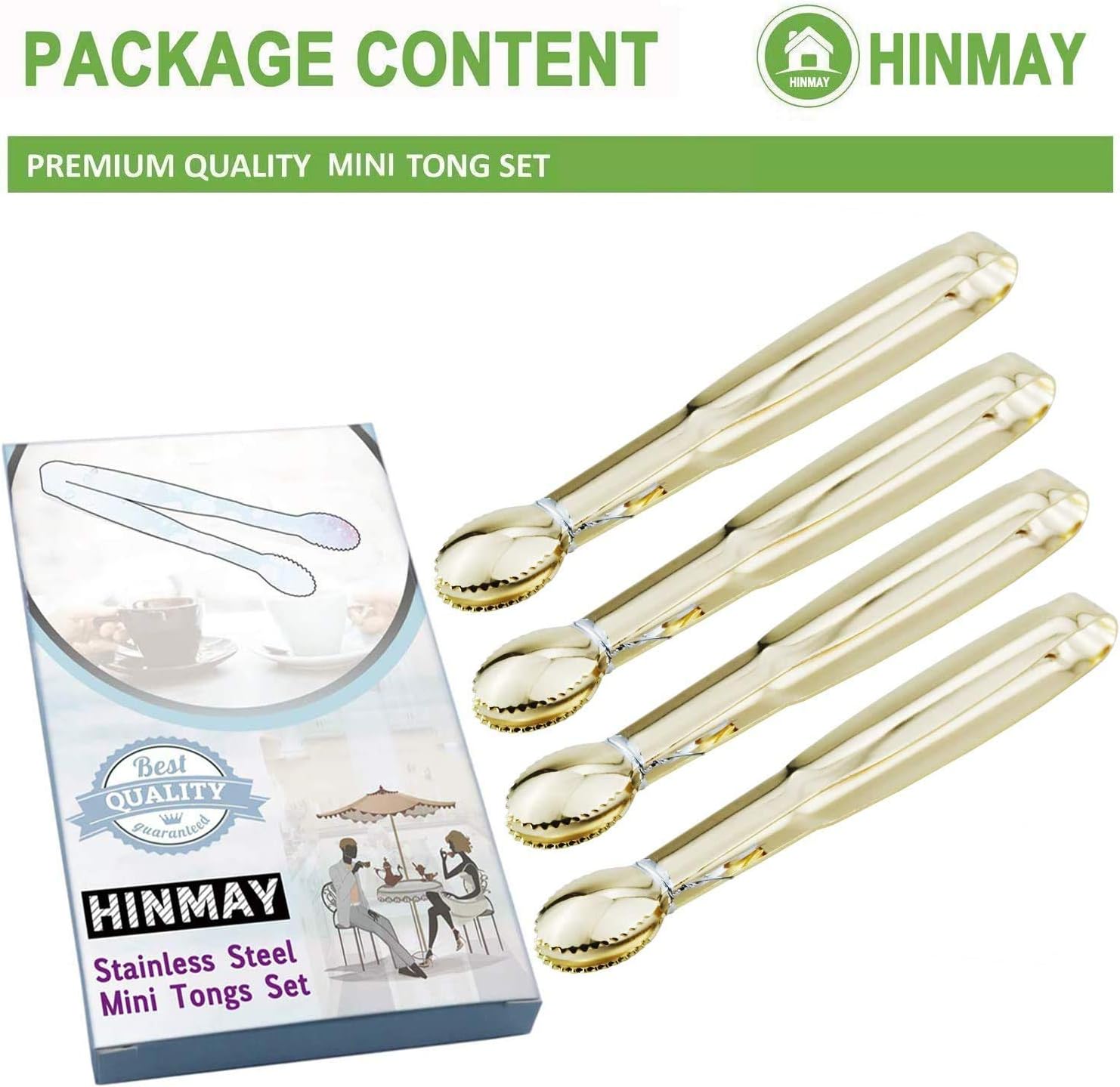 5.75" Mini Appetizer Tongs Set, Tiny Stainless Steel Small Tongs for Serving, Tea Party, Coffee Bar, Desserts, Set of 4 Gold