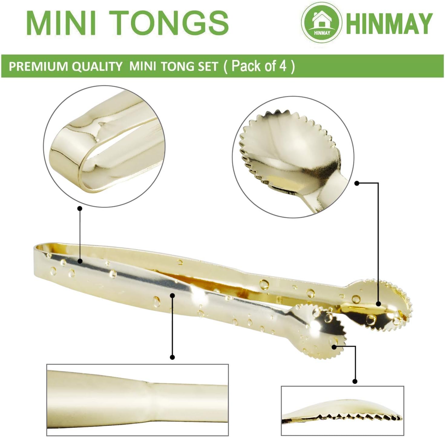 5.75" Mini Appetizer Tongs Set, Tiny Stainless Steel Small Tongs for Serving, Tea Party, Coffee Bar, Desserts, Set of 4 Gold