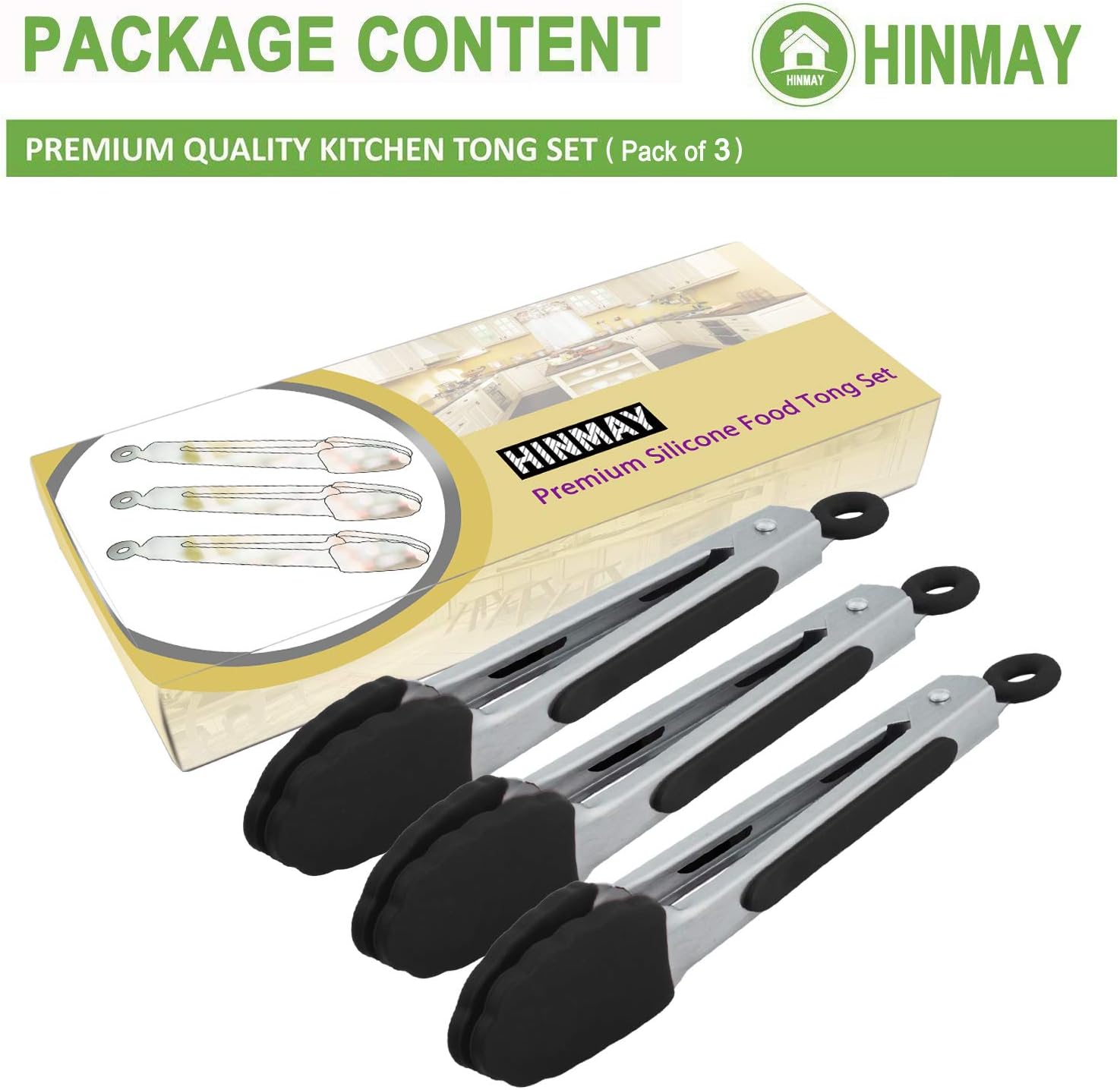 Small Serving Tongs with Silicone Tips 7 Inch Mini Stainless Steel Food Tongs, Set of 3 Black