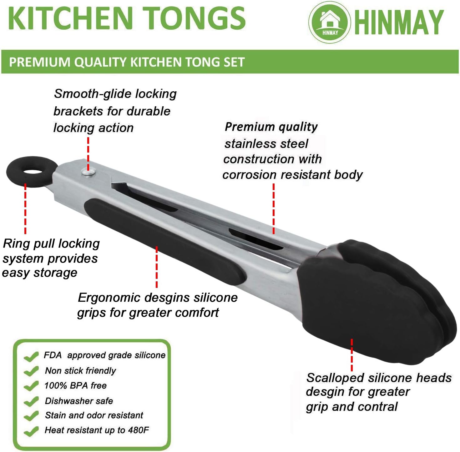 Small Serving Tongs with Silicone Tips 7 Inch Mini Stainless Steel Food Tongs, Set of 3 Black