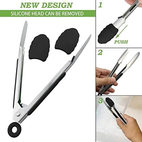 Small Serving Tongs with Silicone Tips 7 Inch Mini Stainless Steel Food Tongs, Set of 3 Black