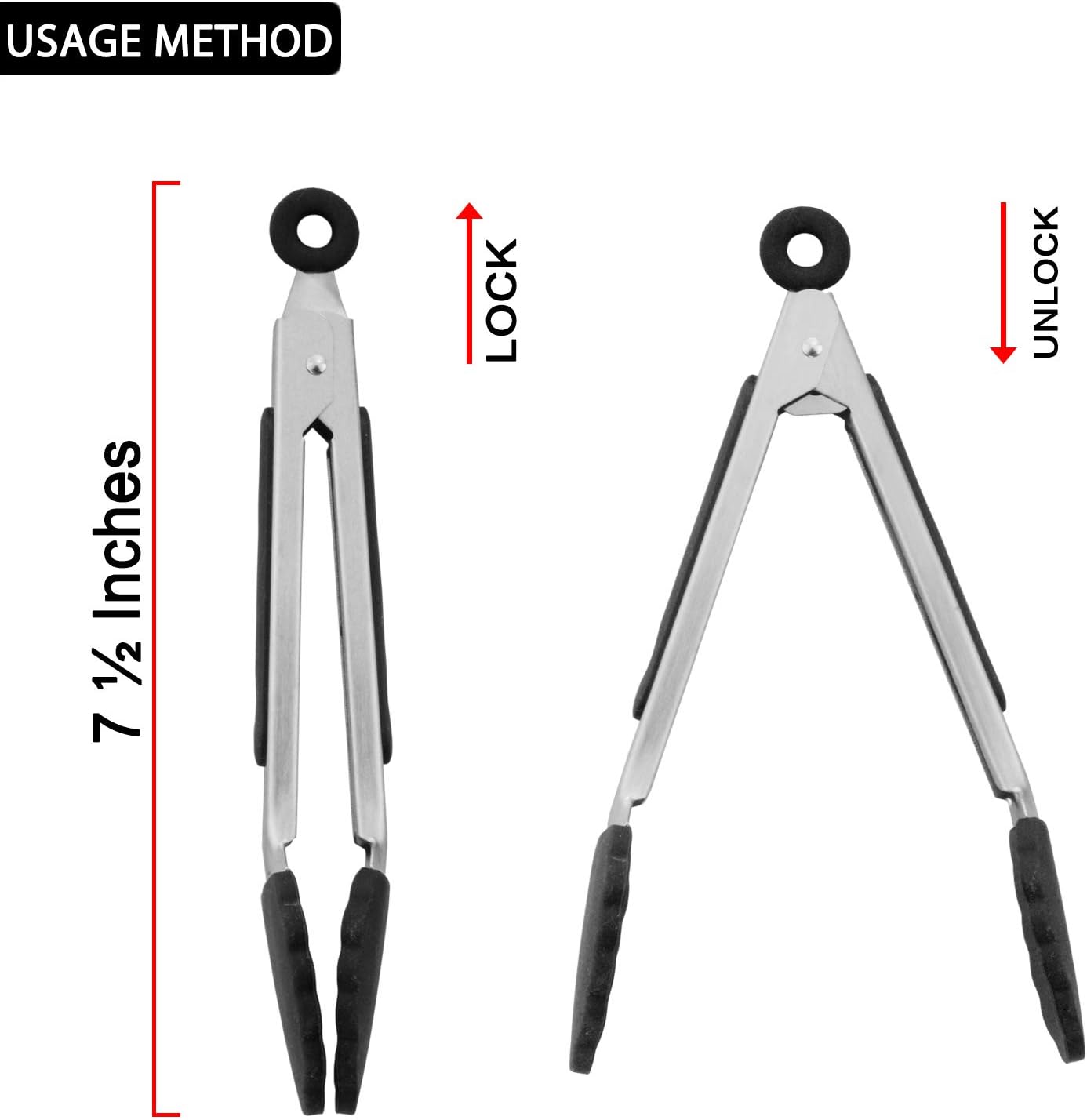 Small Serving Tongs with Silicone Tips 7 Inch Mini Stainless Steel Food Tongs, Set of 3 Black