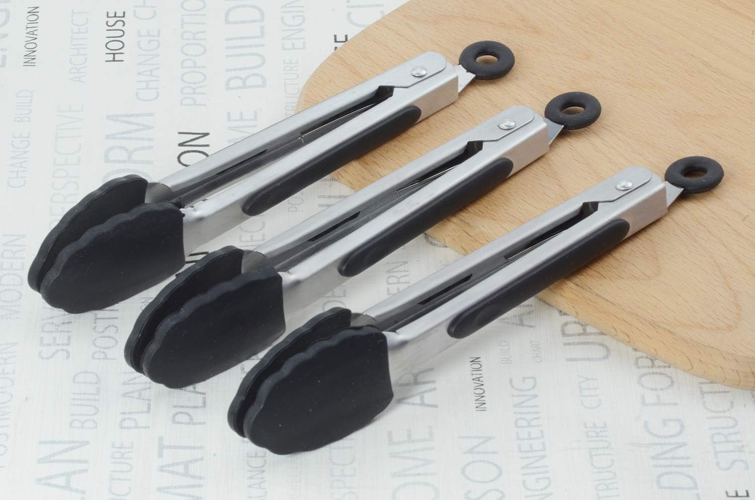 Small Serving Tongs with Silicone Tips 7 Inch Mini Stainless Steel Food Tongs, Set of 3 Black