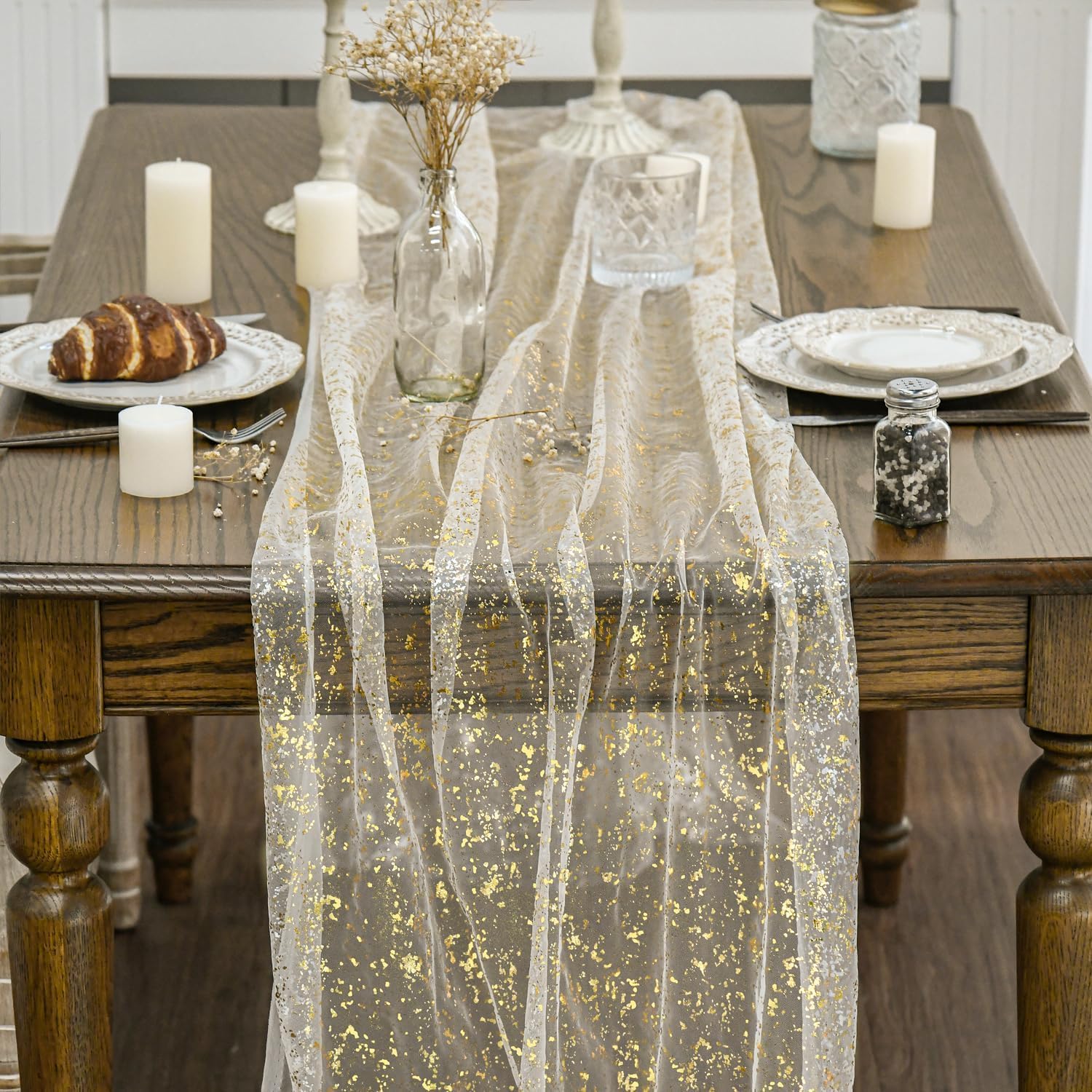 Beige Gold Gauze Table Runner 120 Inch 10FT, Glitter llic Foil Sheer Dining Wedding Anniversary Holiday Birthday Table Decor for Home Party