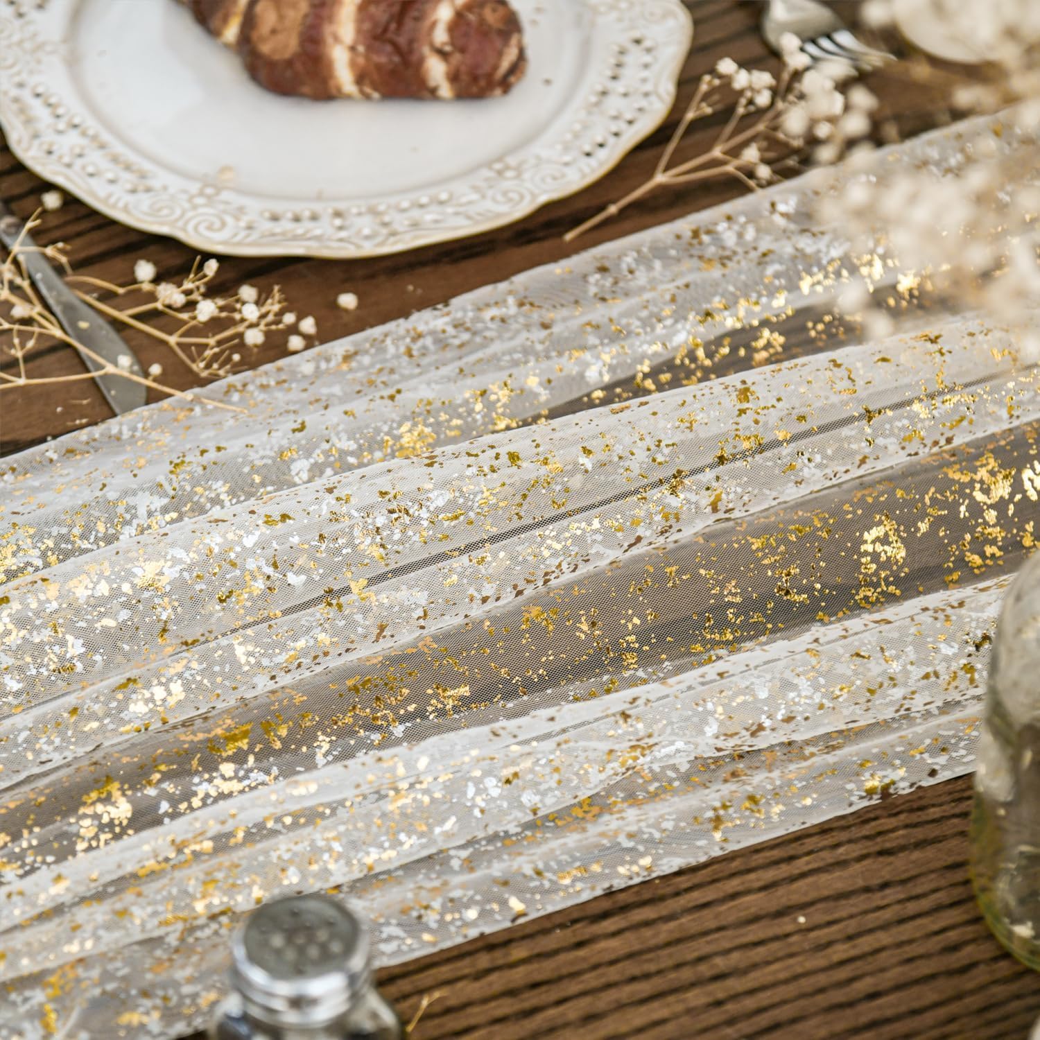 Beige Gold Gauze Table Runner 120 Inch 10FT, Glitter llic Foil Sheer Dining Wedding Anniversary Holiday Birthday Table Decor for Home Party